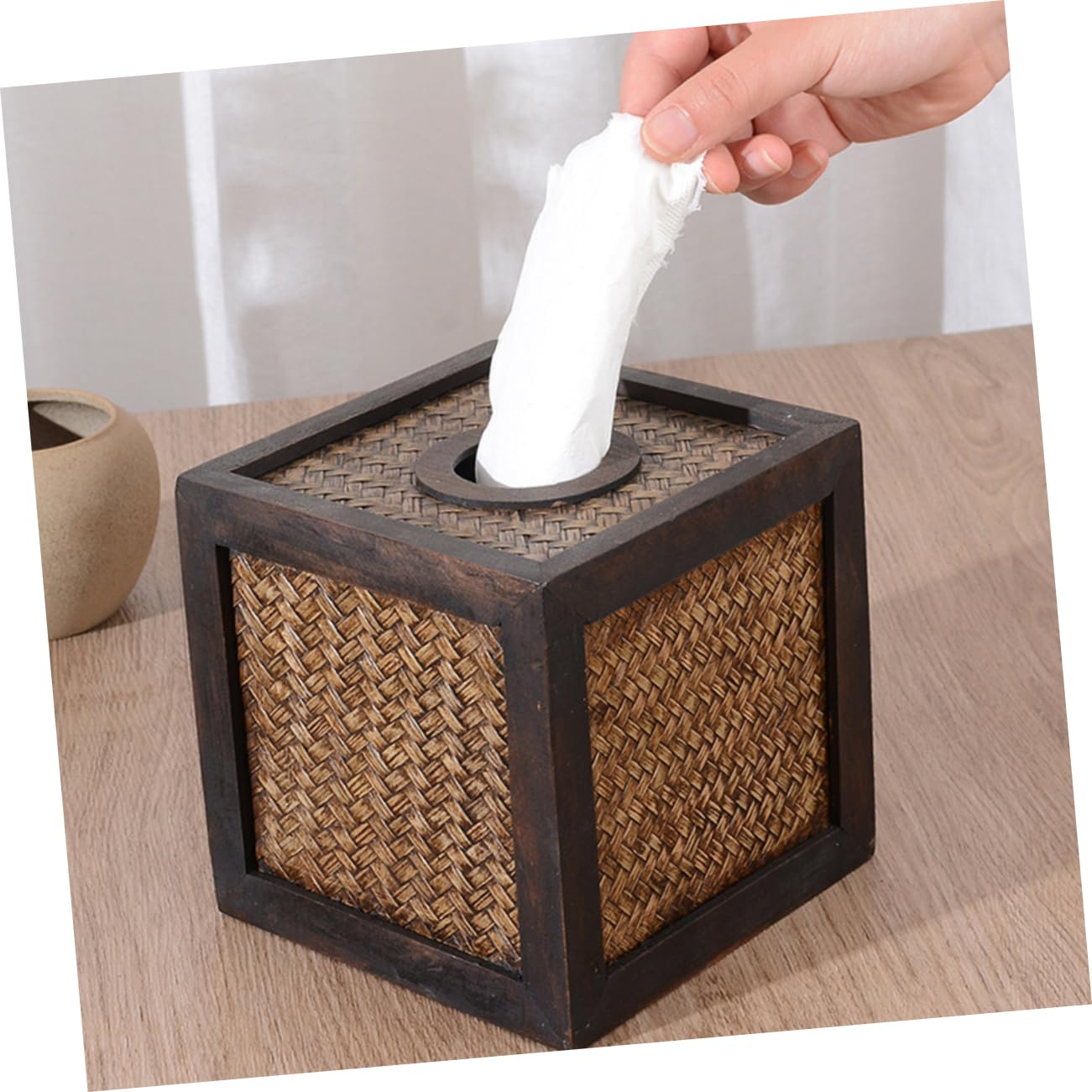 ABOOFAN Quadratische Handgewebte Taschentuchbox aus Natürlichem und Dekorativer Tissue Holder für Tisch Multifunktionaler Organizer Platzsparender Aufbewahrungskorb für Zuhause und Büro