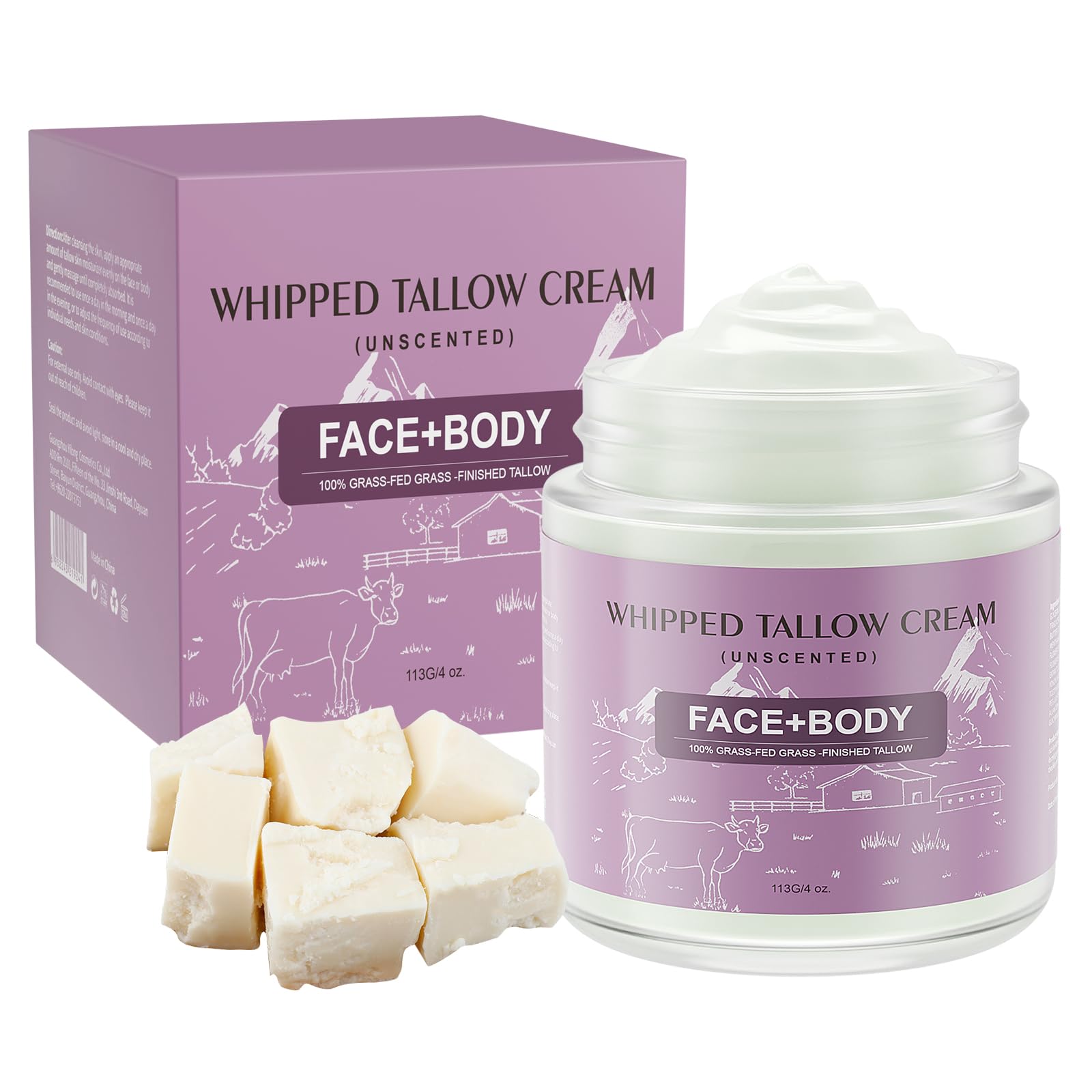 Ofanyia Beef Tallow for Skin, 4 oz Whipped Tallow Cream for Sensitive Skin, Tallow Face Moisturizer for Repairing Damaged Dry Skin, Beef Tallow Grass Fed Lotion for Skin Care (VANILLA LAVENDER)