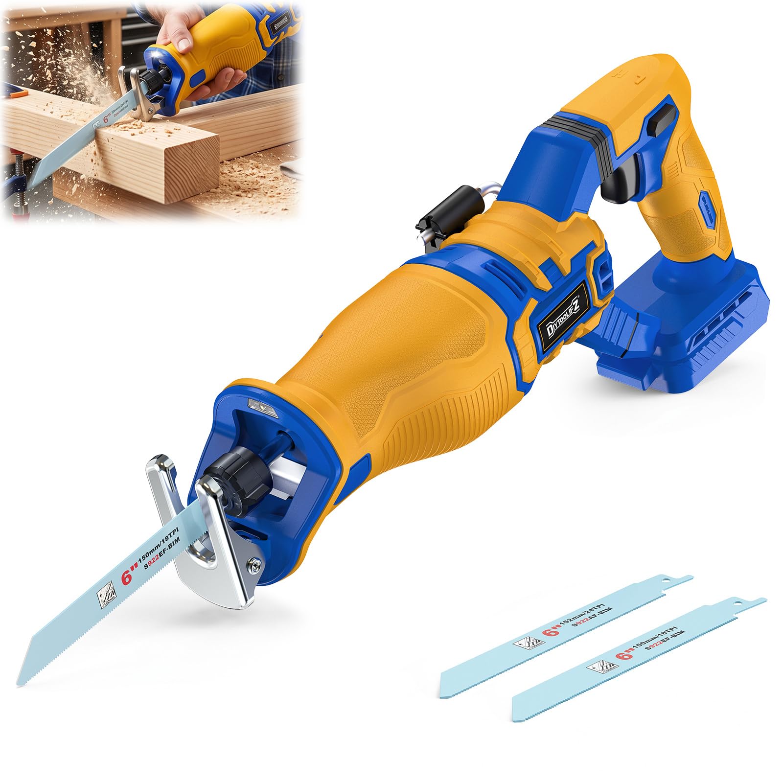 Diytoolifz Brushless Cordless Reciprocating Saw Compatible with Dewalt 20V Battery, 1-1/8" Stroke &amp; 3000 SPM with Anti-Vibration Structure for Stable Cutting, 2 Blades for Wood, Metal &amp; PVC(Tool Only)