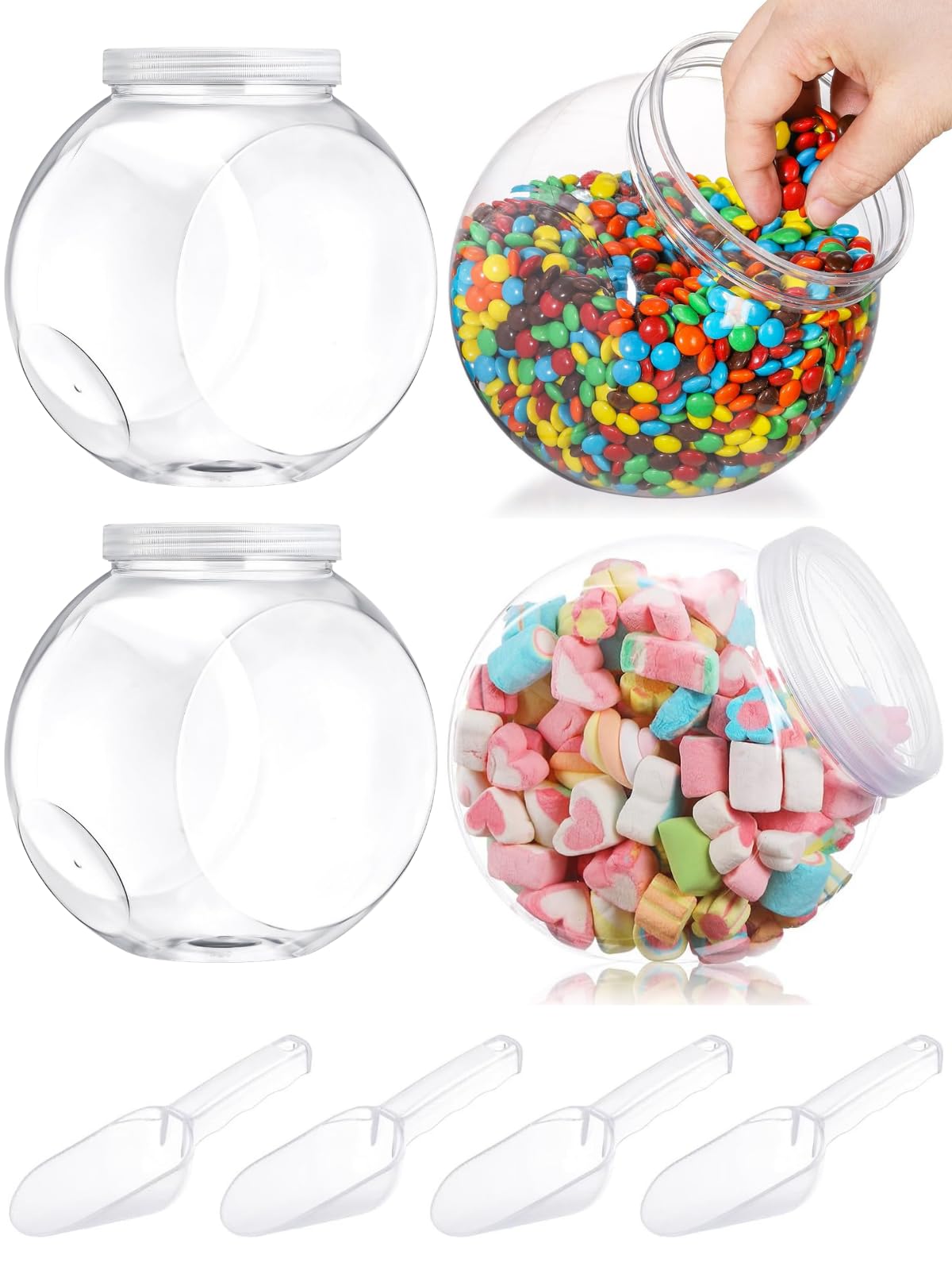 4 barattoli in plastica per caramelle da 1500 ml, con coperchio e cucchiai, set di barattoli in plastica trasparente con etichette e penna per caramelle, buffet, caffè, contenitori per