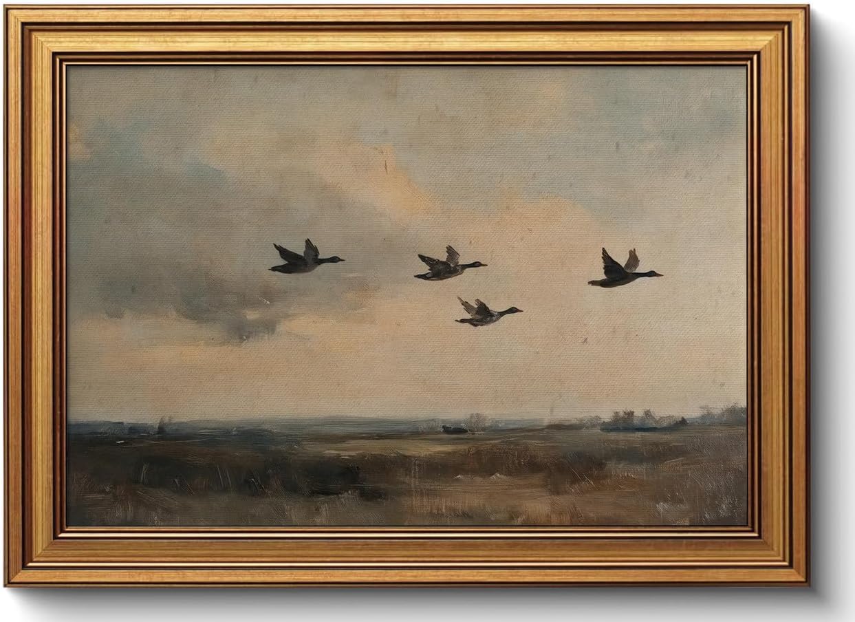 Gold Framed Wall Art Vintage Fishing Canvas Wall Art Boy and Dog Artwork Hunting Landscape Prints Rustic Cottagecore Picture for Living Room Farmhouse Office Decor, 16x24