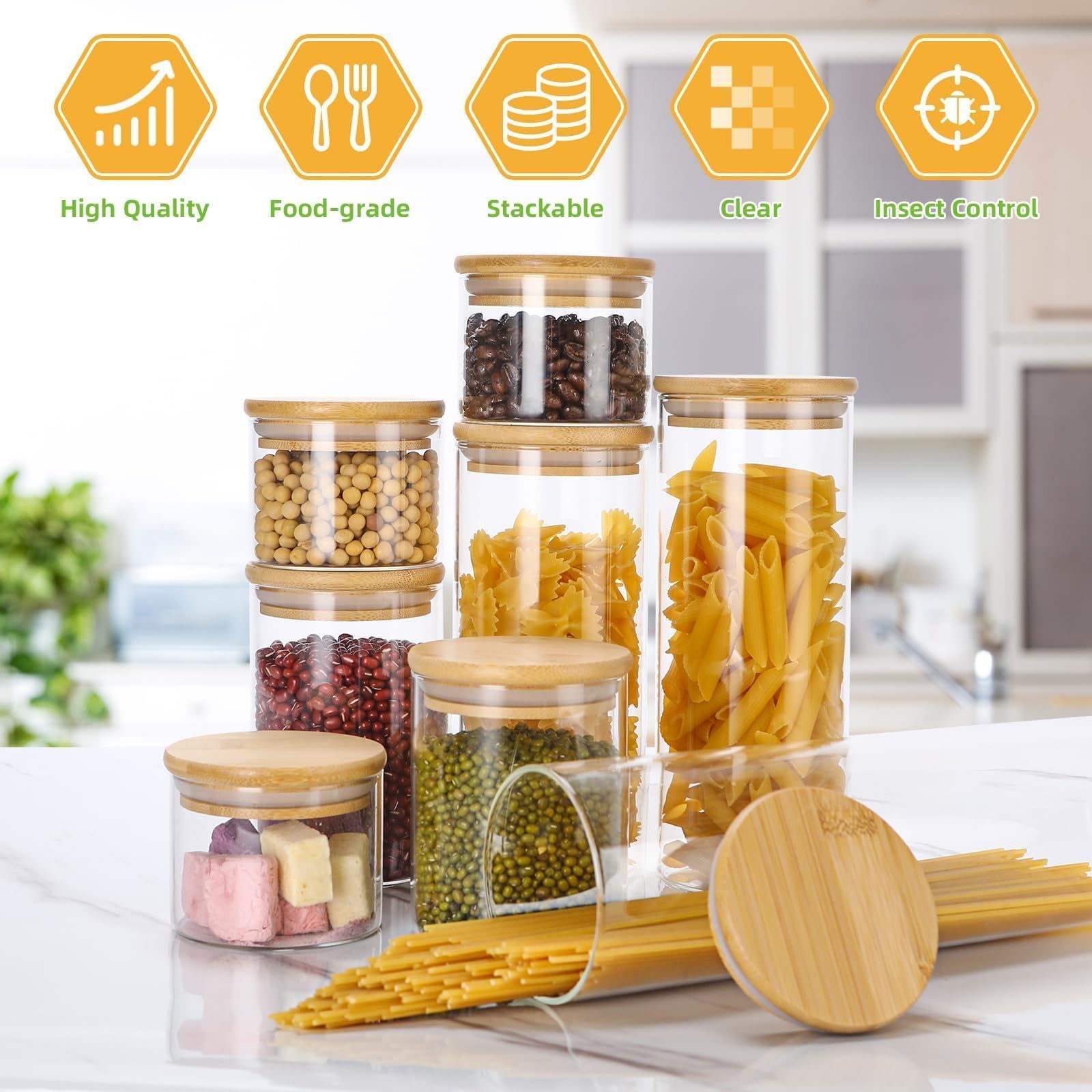 Lannvan Barattoli Vetro con Coperchio, Set di 8 Barattoli Cucina Vetro Ermetico, Contenitore Vetro con Coperchio