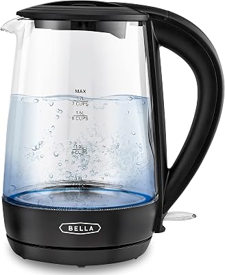 bella 1.7 Liter Glass Electric Kettle, Quickly Boil 7 Cups of Water in 6-7 Minutes, Soft Blue LED Lights Illuminate While Boiling, Cordless Portable Water Heater, Carefree Auto Shut-Off, ck
