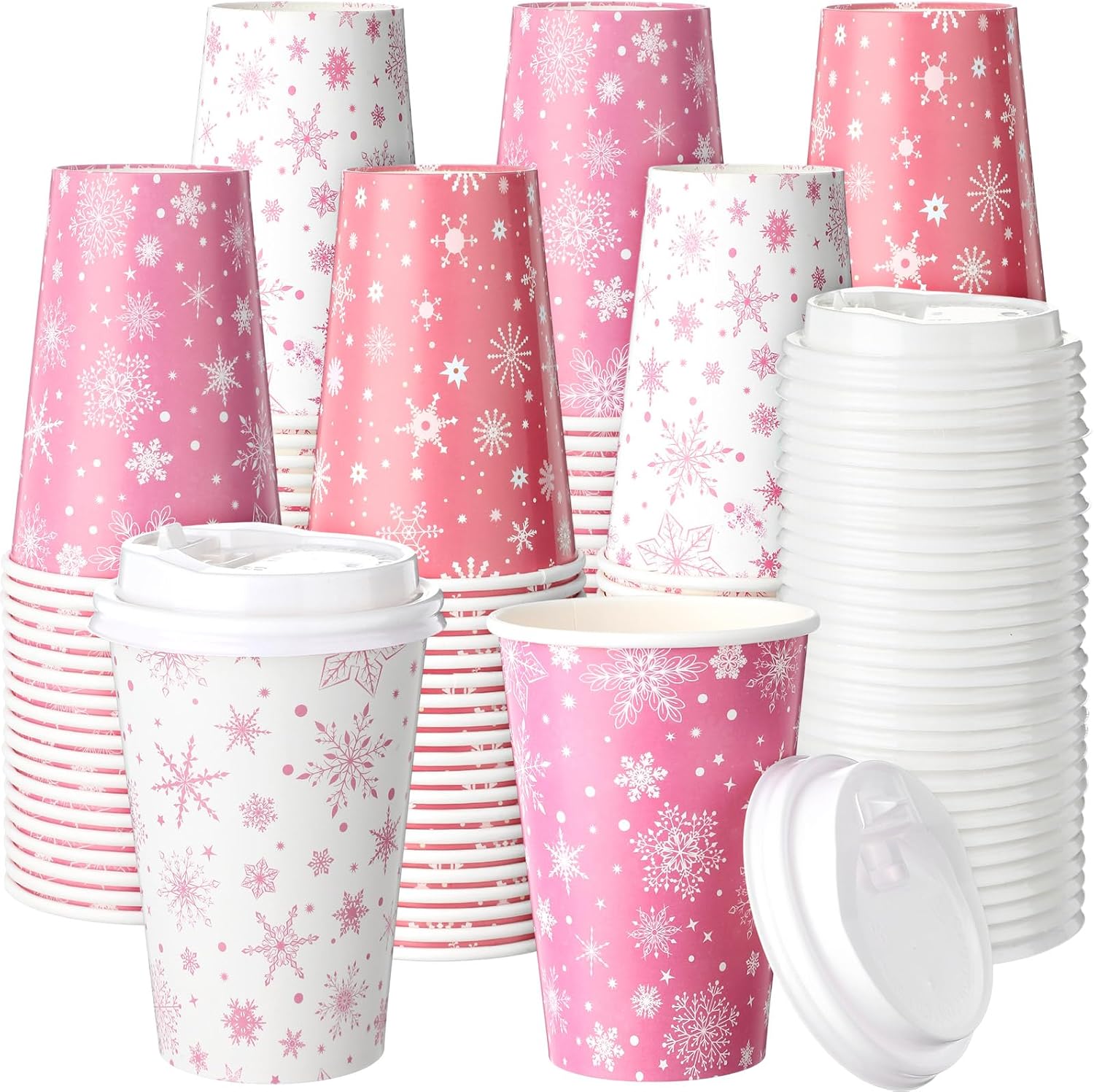 Jingmore 120 Pcs Pink Snowflake Disposable Coffee Cups 12 oz Winter Coffee Cups with Lid Insulated Paper Drinkware for Hot Cold Drinks Christmas Winter Holiday Birthday Party Supplies