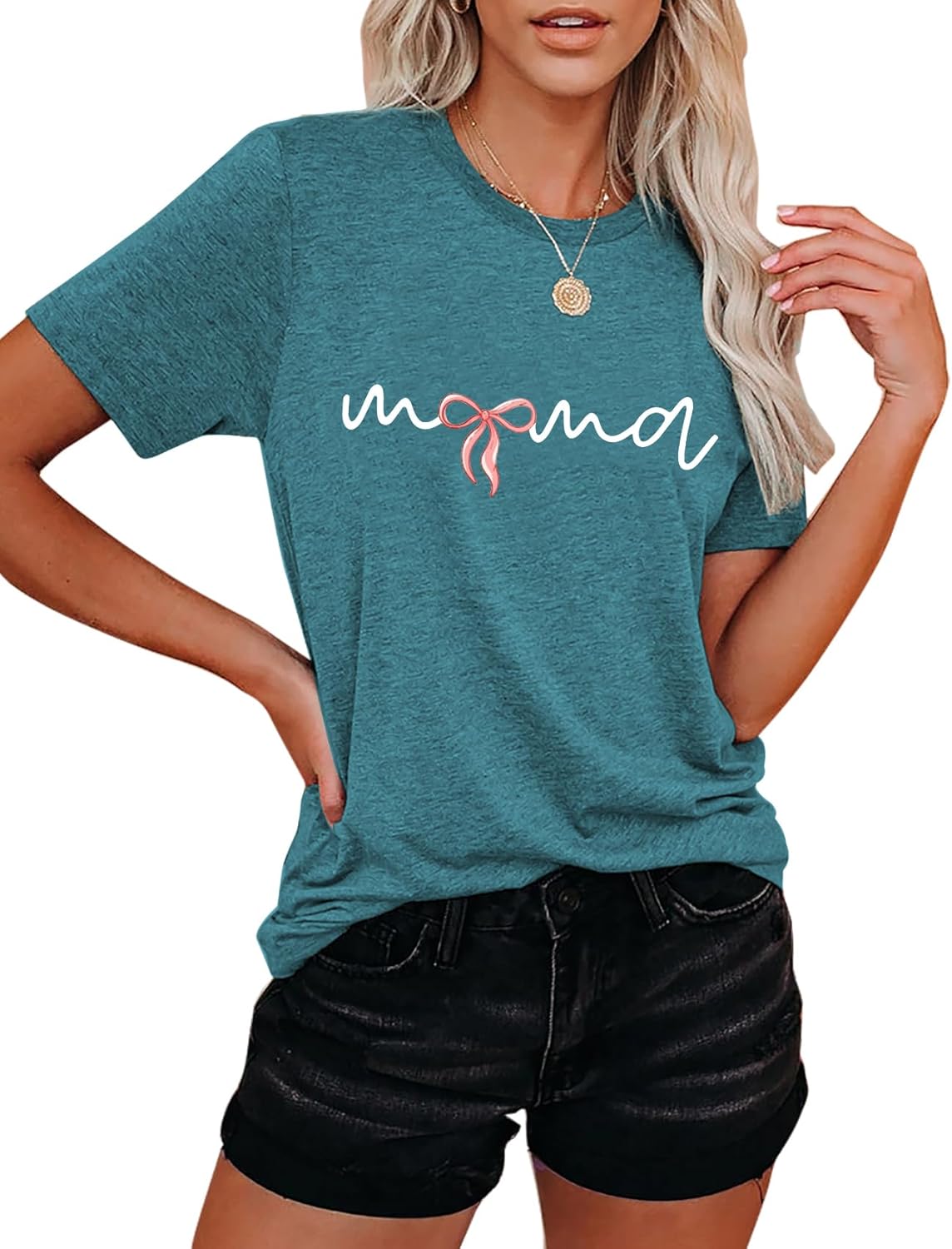 Mama Shirts for Women Pink Bow Graphic Mom Tshirt Loose Short Sleeve Mother Life Tops Tee - Image 4