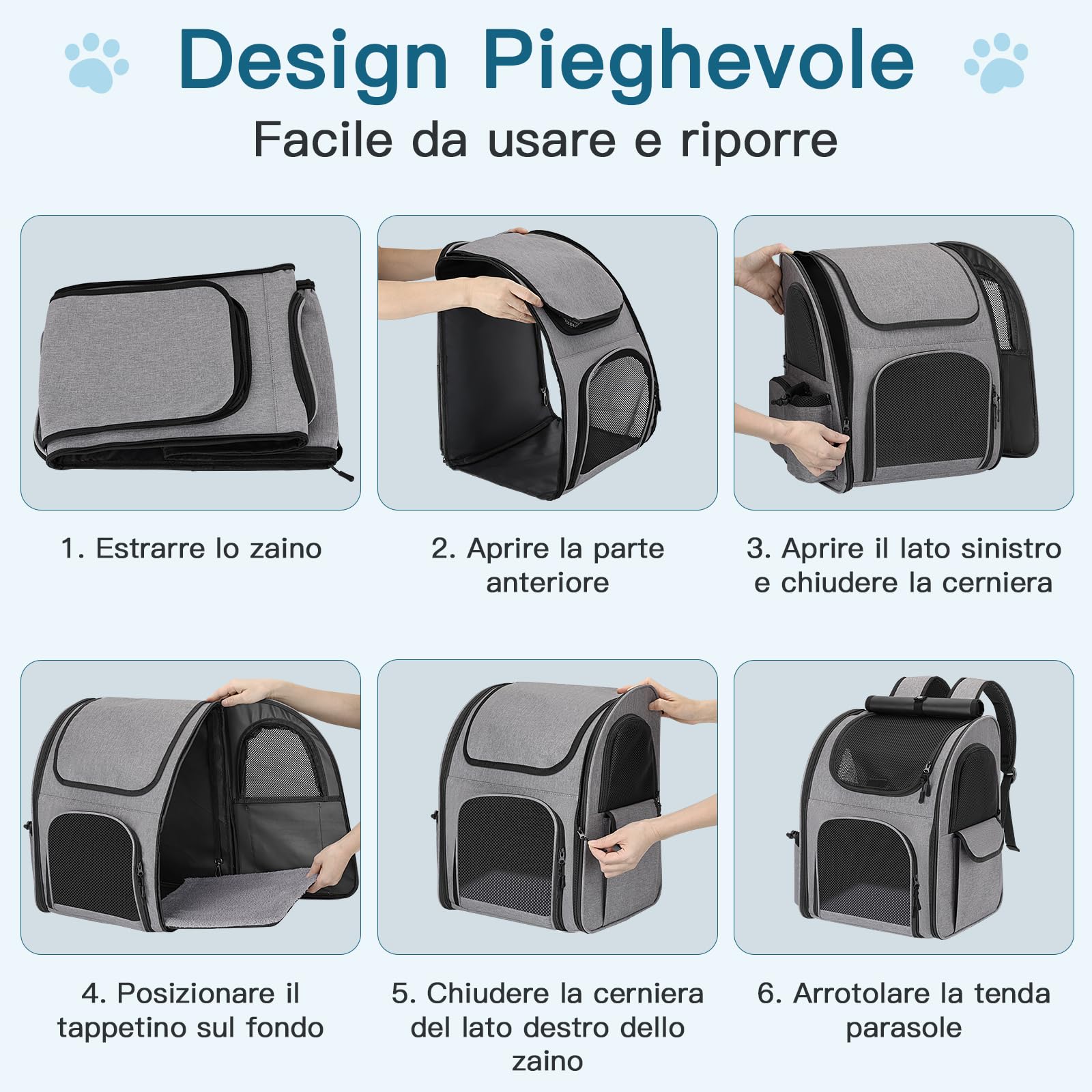 Zaino per Cani Gatti, Grande Zaino Gatto Cane 10 kg, Traspirante Zaino Porta Cane Gatto con Finestra a Rete, Zaino Trasportino Cani Gatto con Guinzaglio Interno e Tappetino per Viaggi - Grigio