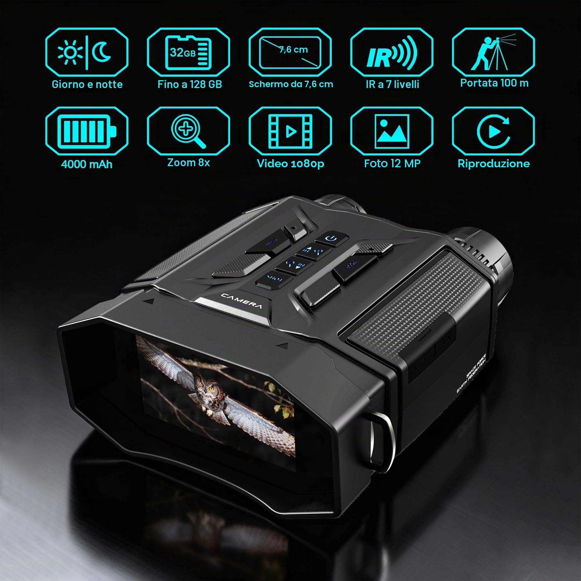 Visore Notturno con Scheda 32GB, Binocolo Visione Notturna Zoom 8X, Schermo 3.0'', Video Binocolo Interattivo Batteria 4000mAh, IR 7 Livelli, Regalo Uomo & Papà