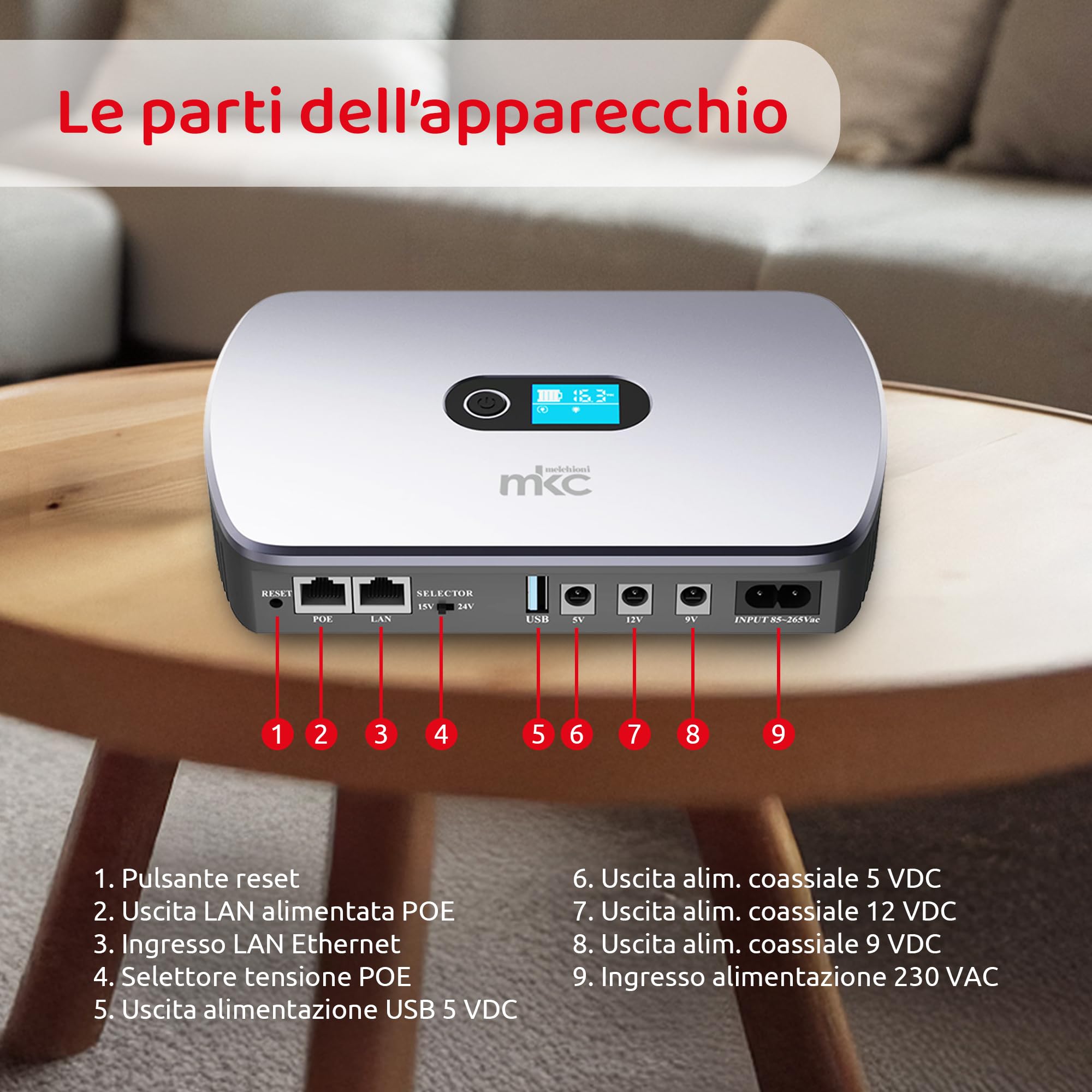 Melchioni Mini onduleur MK-8800 avec écran LCD et Plusieurs Sorties pour routeur et Intelligent, 18000 mAh (66 Wh) Alimentation sans Interruption 12 V/2 A avec USB 5 V/3,6 A et PoE