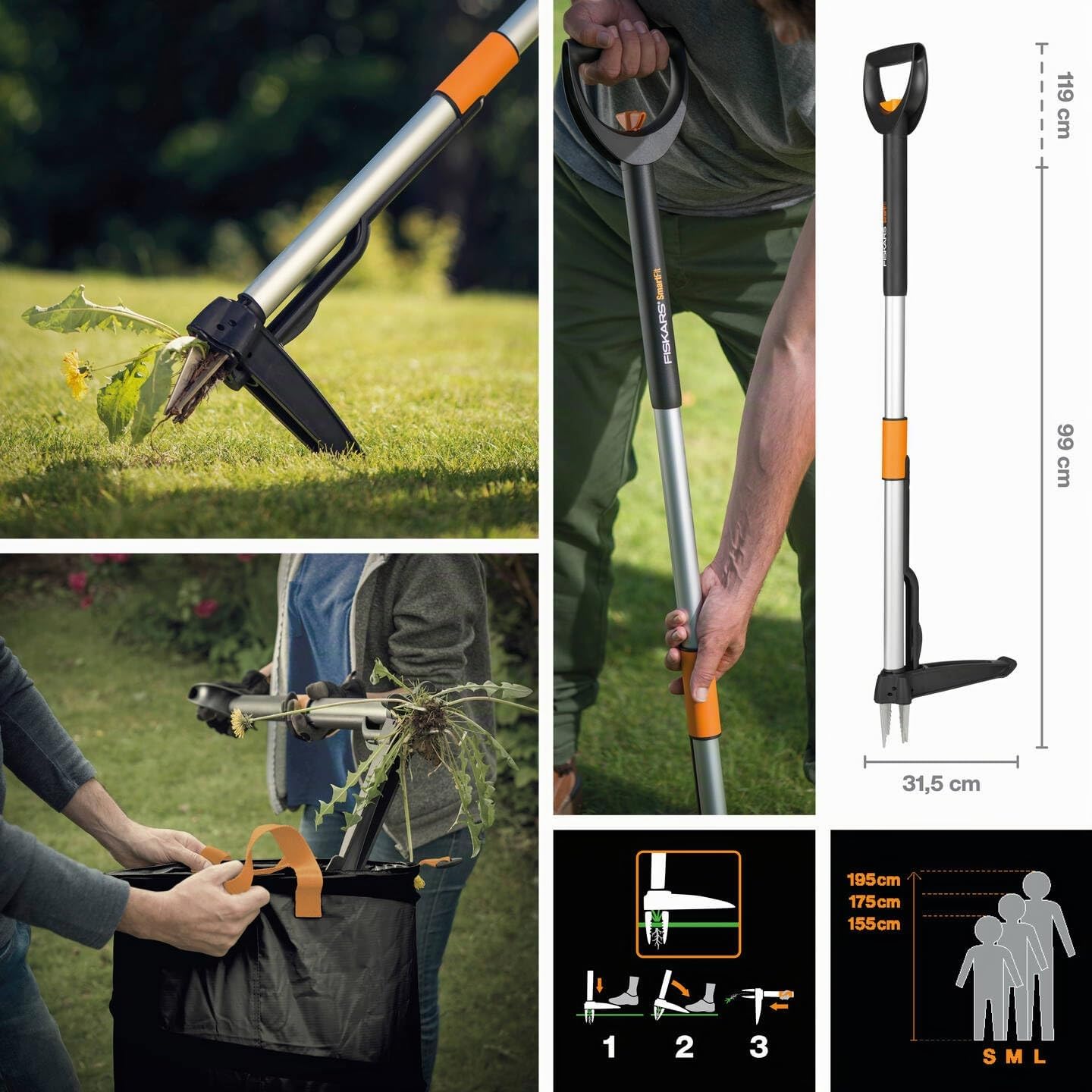 Fiskars Teleskop-Unkrautstecher, Länge 1 - 1,19 m, Rostfreie Stahl-Arme/Kunststoffgriff, Schwarz/Orange, Smart-Fit, 1020125