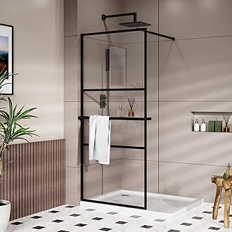 34" x 72" Shower Door Tempered Glass Shower Screen with Tool Bar Towel Rack for Walk in Bathroom 3-Grid Style