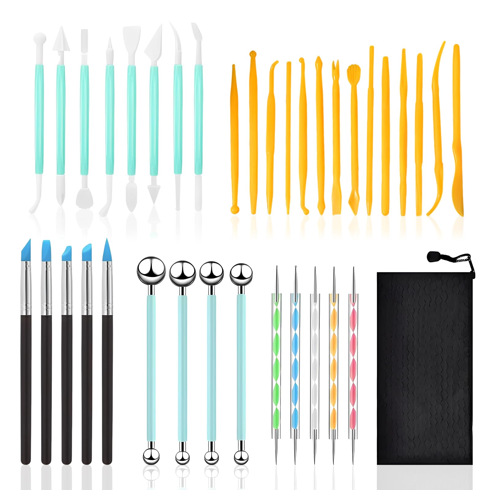37PCS Air Dry Clay Tool, Polymer Clay Tools Sculpting Pottery Kit Set Reusable Ball Stylus Dotting Tools with Storage Bag for Pottery Craft, Nail Art DIY