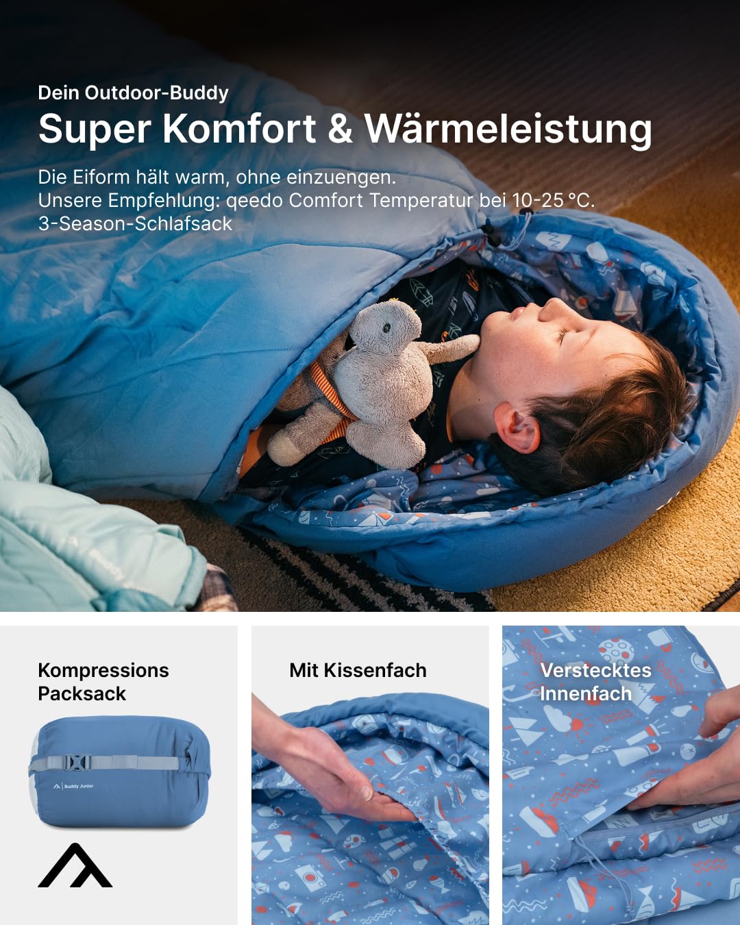 qeedo Buddy Junior Camping Schlafsack Kinder 10-25°C 3 Jahreszeiten bis 140 cm