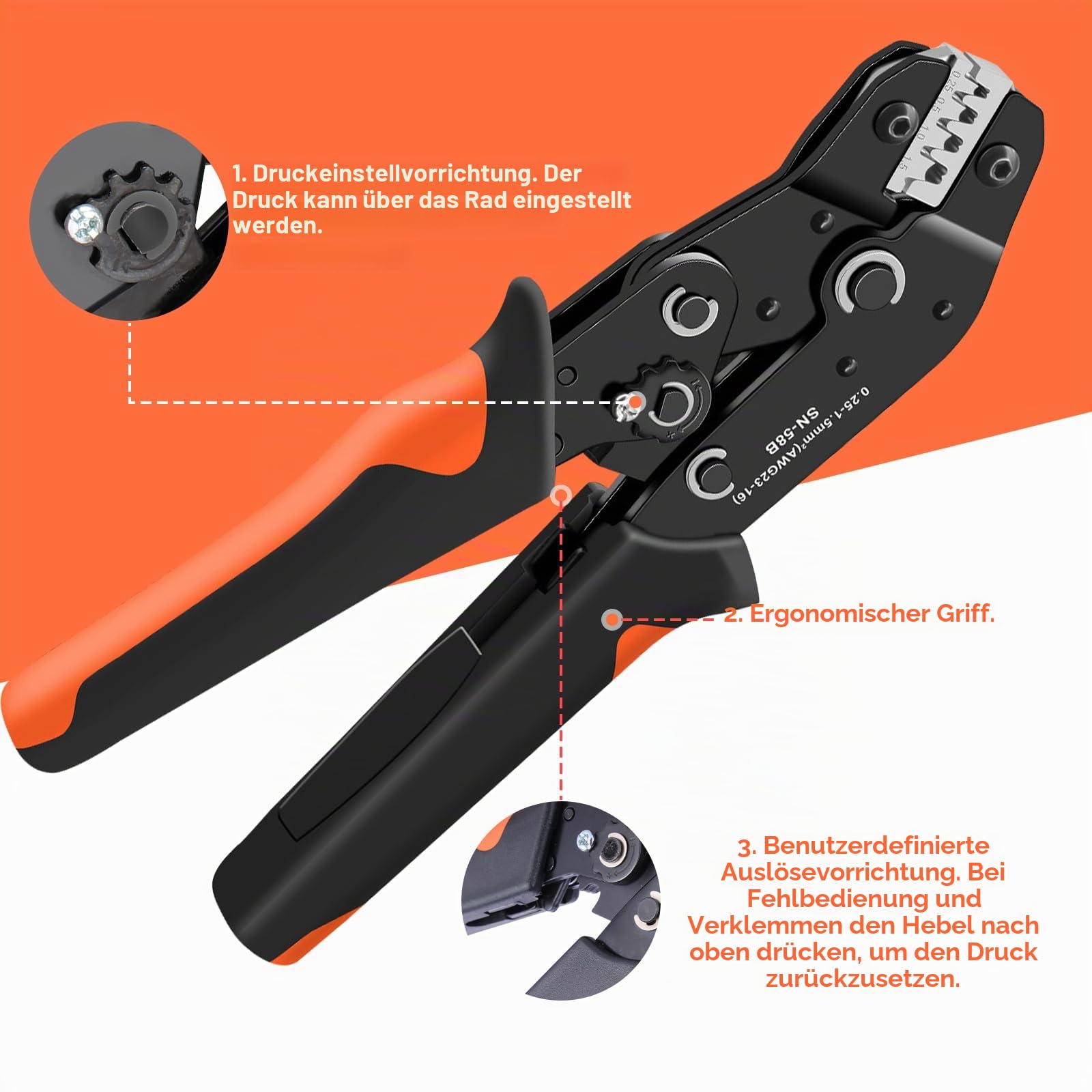 8 Teiliges Crimpzange Set 9 in 1 Ratschen Presszange für 0.08-35mm² Isolierte Kabelschuhe Aderendhülsen und MC4 Solarstecker Werkzeugset für Profis und Heimwerker
