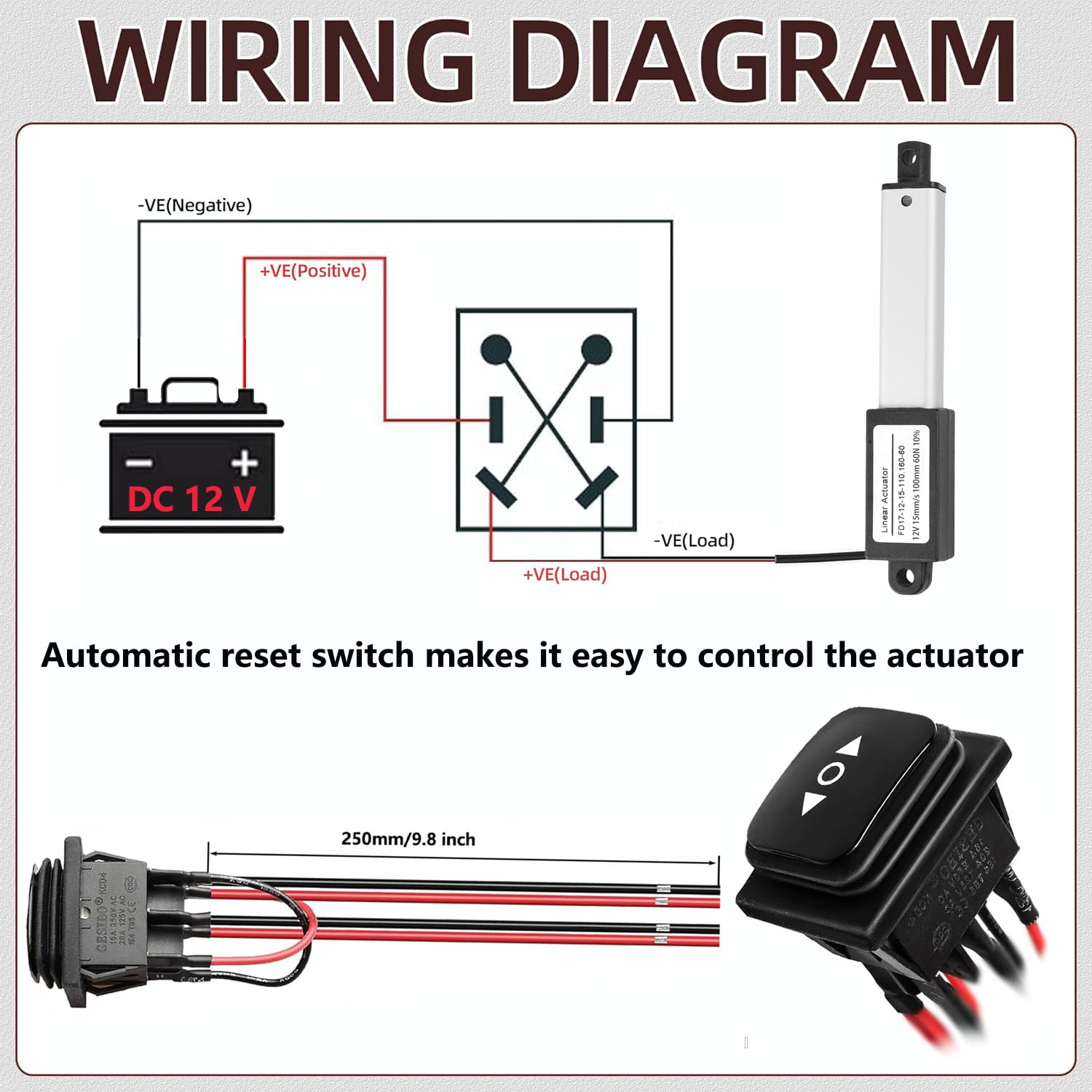 AWINLI - Mini actuador lineal eléctrico de 12 V, carrera de 2 pulgadas, velocidad de 60 N/13 libras, mini actuador de movimiento de metal pequeño con soporte de montaje e interruptor de control