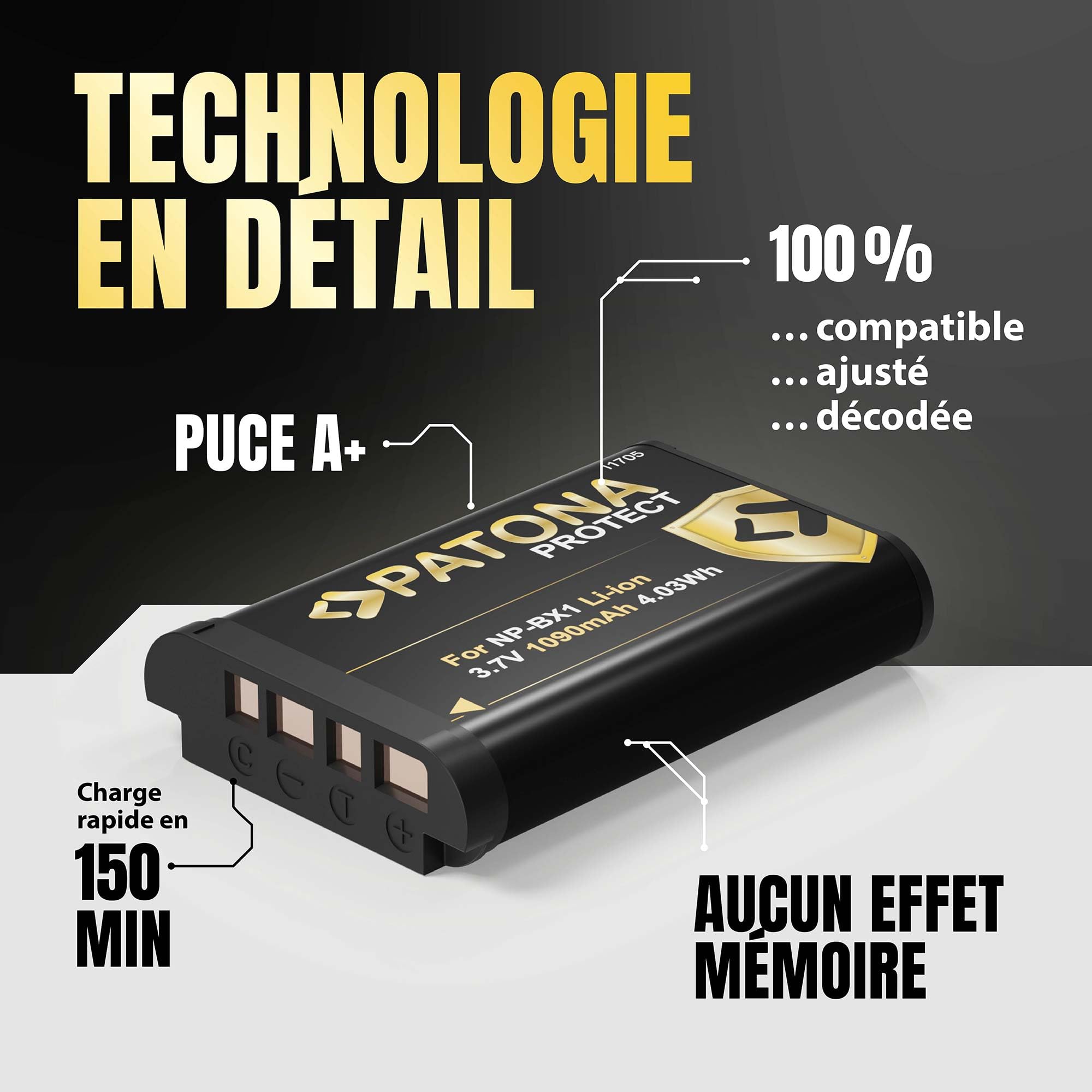 PATONA 2X Protect NP-BX1 Batterie 1090mAh – Remplacement pour Sony NP-BX1 – pour CyberShot DSC-RX100 II III IV V VI VII, HX50 HX60 HX80 HX90 HX99 HX400V WX500 – Double