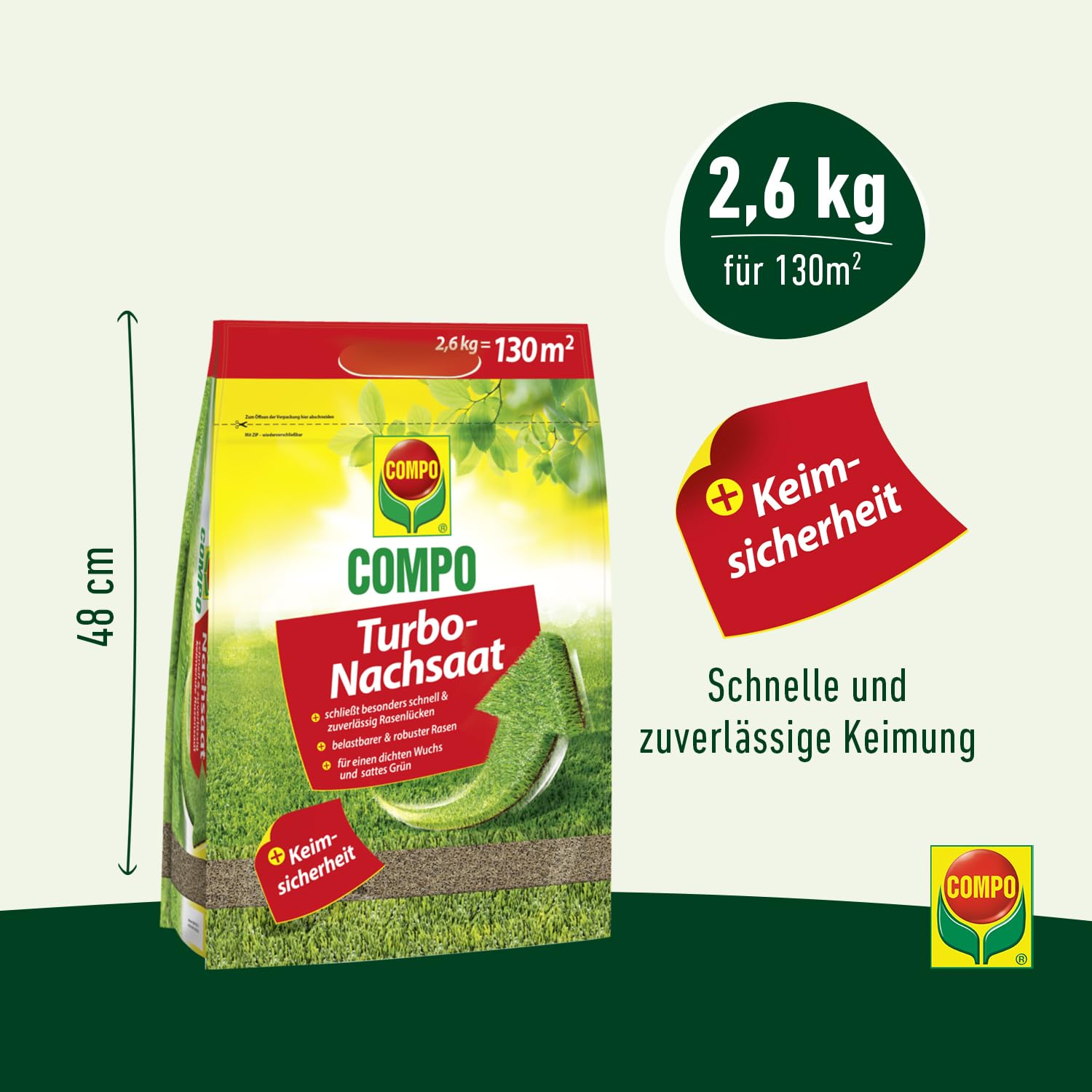 COMPO Turbo‑Nachsaat, 2,6 kg für 130 m² – Premium Rasensamen schnellkeimend und mit Keimsicherheit zur schnellen Reparatur von strapazierfähigen Spiel‑ und Gebrauchsrasen, Nachsaat Rasen Frühjahr