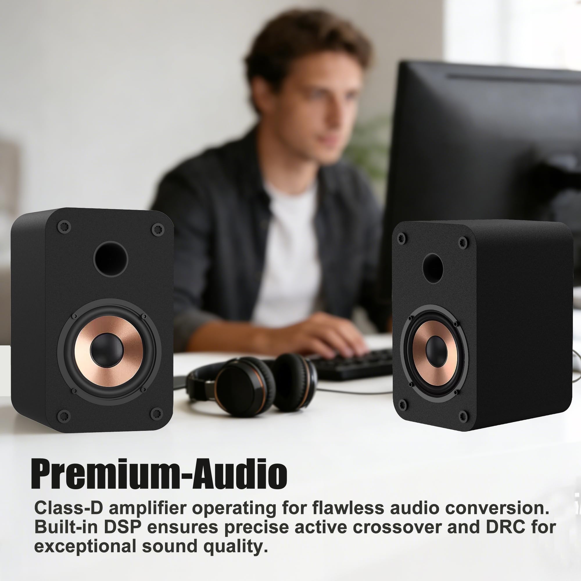 LONPOO 30W Kompakter PC-Lautsprecher Bluetooth, Aktiv Mini Regallautsprecher mit USB, AUX-in, Kopfhörerausgang, 3-Zoll Metall-Tieftöner, 9mm-Holzgehäuse (LP-42S)