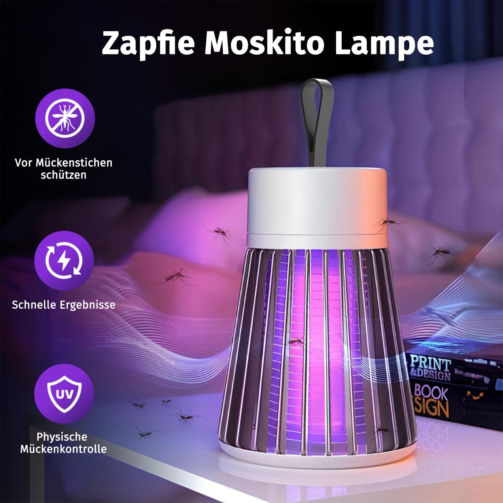 Zapfie Mückenlampe, Mückenlampe Camping, Mückenfalle Mückenlampes Akku, Moskito Lampe, Wiederaufladbar, Wasserdicht Ipx4 für Küche Innen Außen Camping