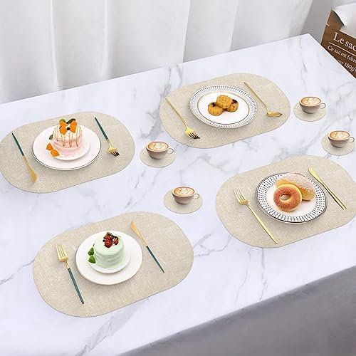 Miniatura 6 de Juego de 6 manteles individuales de piel sintética con posavasos a juego, manteles individuales ovalados de poliuretano resistentes al calor,
