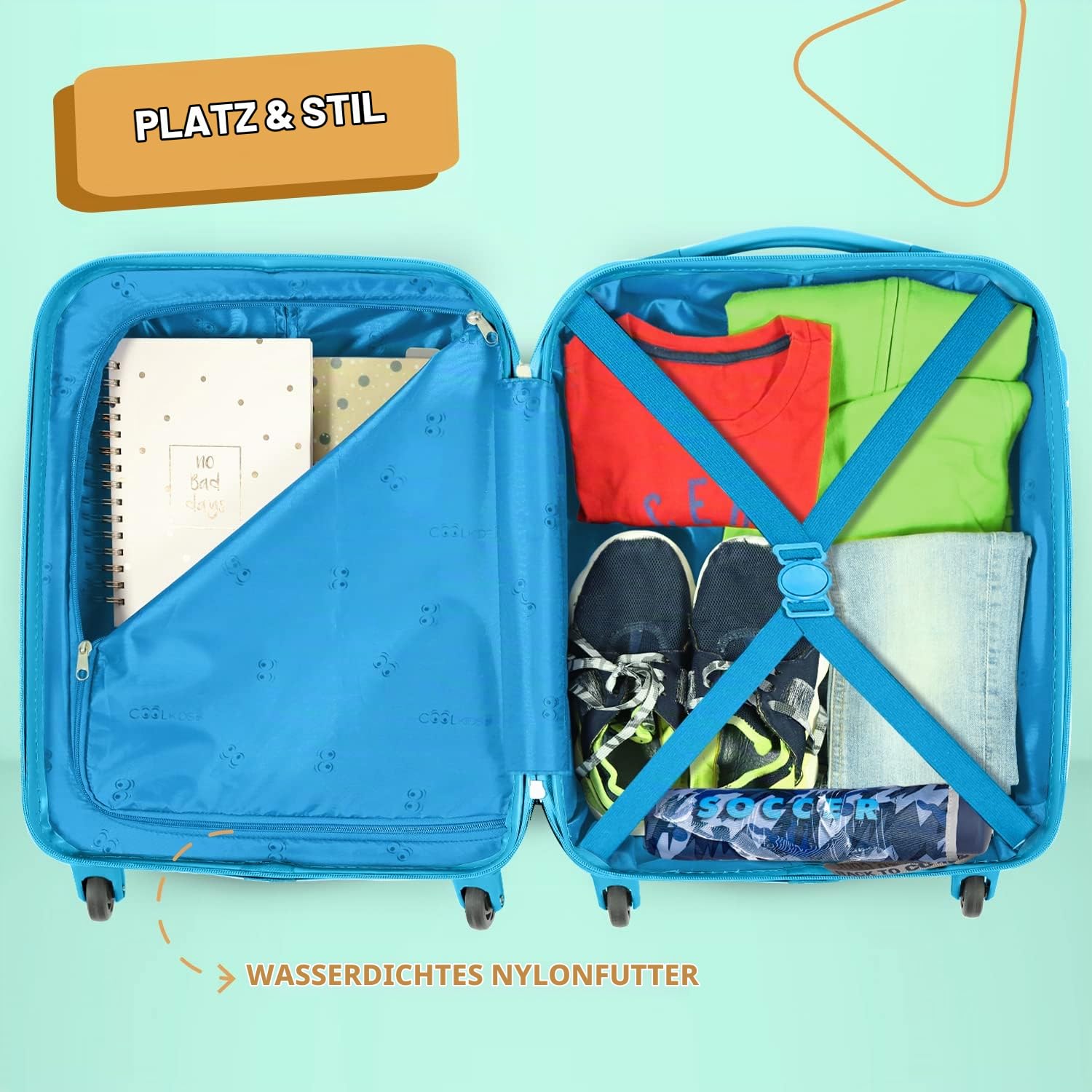 PERLETTI Blauer Kinderkoffer Fußballer - Kinder Trolley Handgepäck Leicht 4 Rollen und Zahlenschloss - Hartschalen Cabin Bag Kabinentrolley Junge - Koffer Lufthansa Ryanair 51x35x20 cm (Fußball, XS)