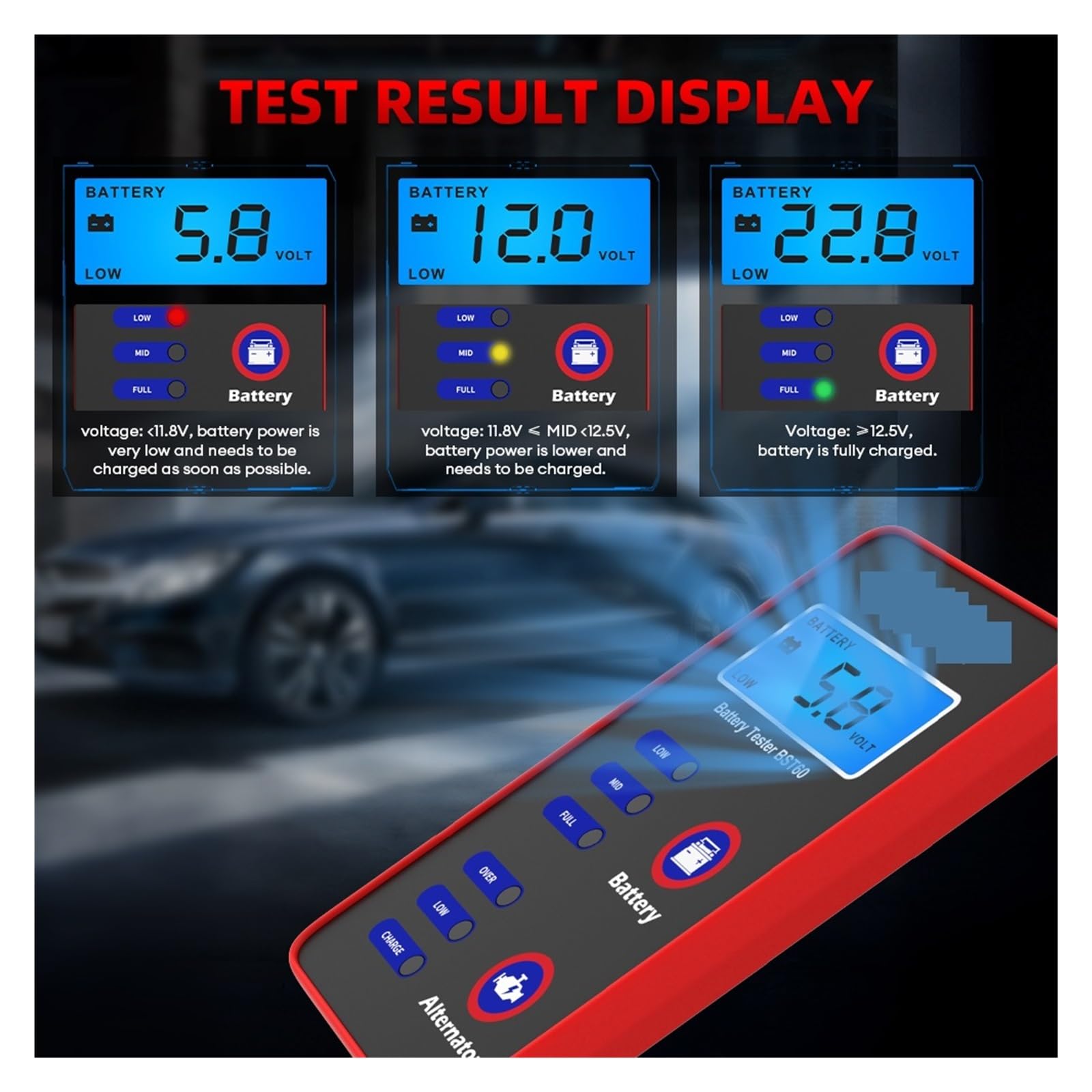 Probador De Batería Coche, Sistema 12V, Herramienta Detección, Analizador Detección Rápida Precisa
