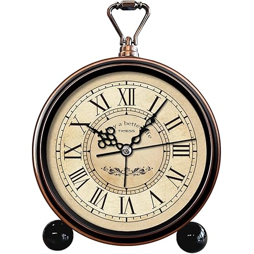 TIMESS Vintage Analog Alarm Clock, 4.3" Silent Non-Ticking Quartz Desk Clock with Roman Numerals, Battery Operated Table Clock for Bedroom, Living Room, Office, or Gift (White)