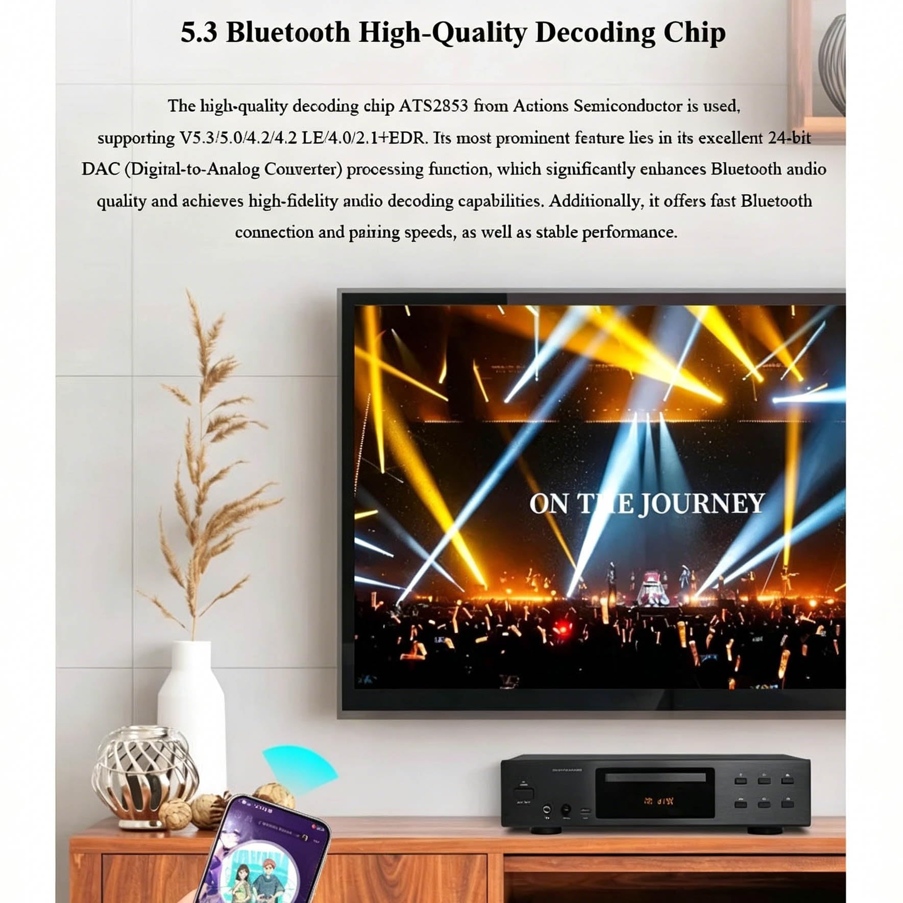 Lecteur CD Hi-FI avec récepteur Bluetooth 5.3, Lecture USB 3.0 Prend en Charge MP3/WMA/FLAC/APE, Sorties numériques optiques et coaxiales Sortie stéréo RCA, SNR≥125 DB, télécommande