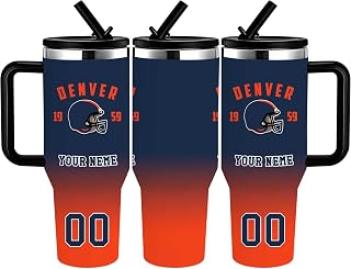 Personalized 40oz Football Team Name&Number Insulated Stainless Steel Tumbler Cup with Black Handle,Lid,Straw,Double Wall Water Bottle Vacuum Car Mug Birthday Gift for Coach Men(Denver-Lid-3)