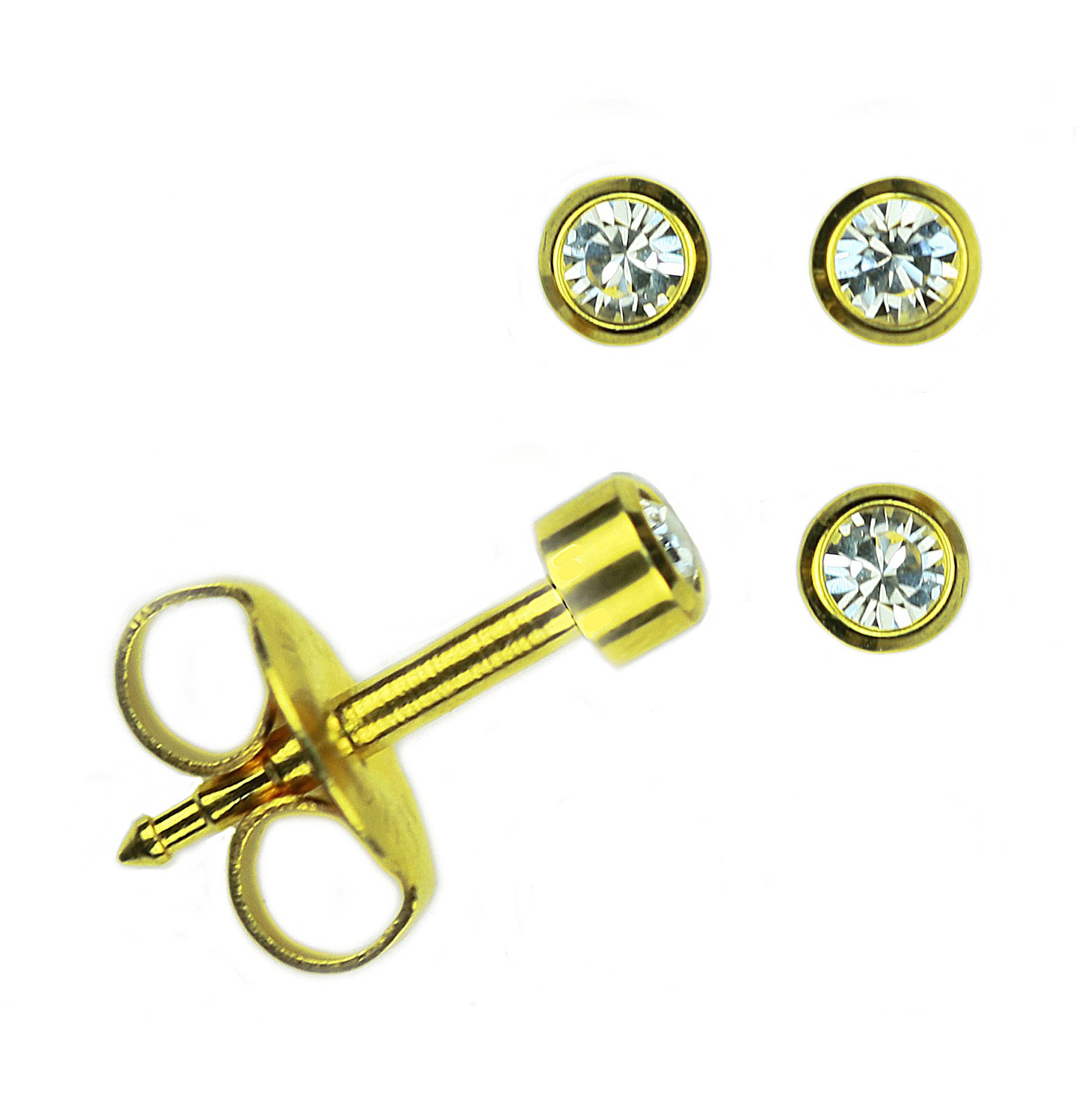 Set Of 2 Pairs Mini 24K Gold Over Surgical Stainless Steel April RD2.0mm Bezel Setting Stud Earrings