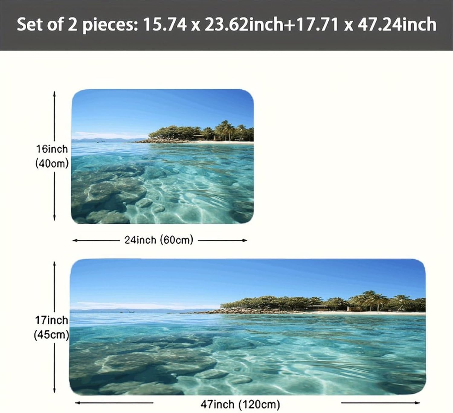 Fiji Island and Clear Sea Kitchen Mat Washable Non Slip Rugs Soft Kitchen Mats for Floor Set of 2 PCS Cushioned Absorbent Runner Standing Rugs for Home Sink Laundry Office