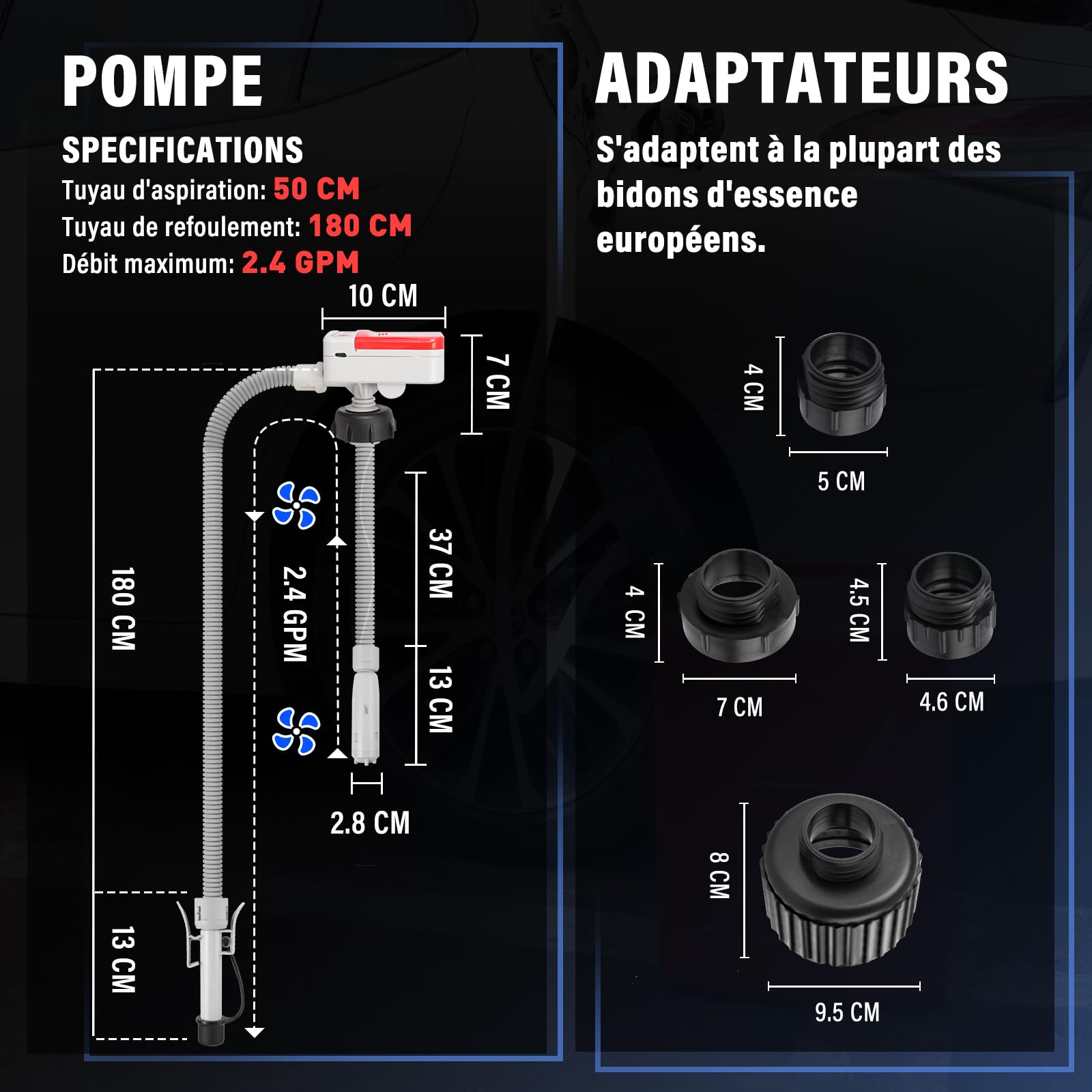 Pompe Électrique Carburant avec Stop Automatique avec Adaptateur 4 Tailles | Pompe de Transfert Carburant avec 1.8M Tuyau, Pompe Carburant pour gaz, carburant, diesel avec Adaptateur 4 Tailles