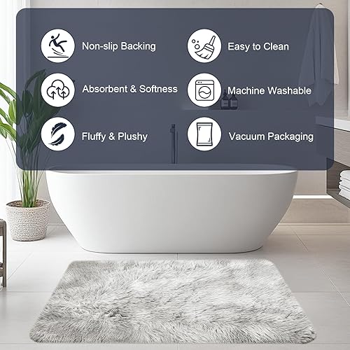 Miniatura 4 de ConCus-T Alfombra de baño gris de pelo sintético, alfombra de baño lanuda suave antideslizante para dormitorio, baño, cama de cachorro, teñido
