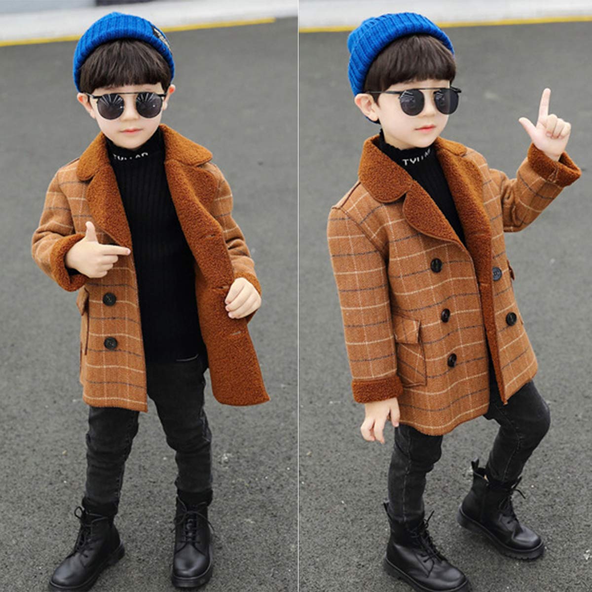 amropi Blouson Manteau Chaud Enfant Garçon Trench Croisé à Carreaux Épais Manteau Chaud Hiver Veste 2-10 Ans