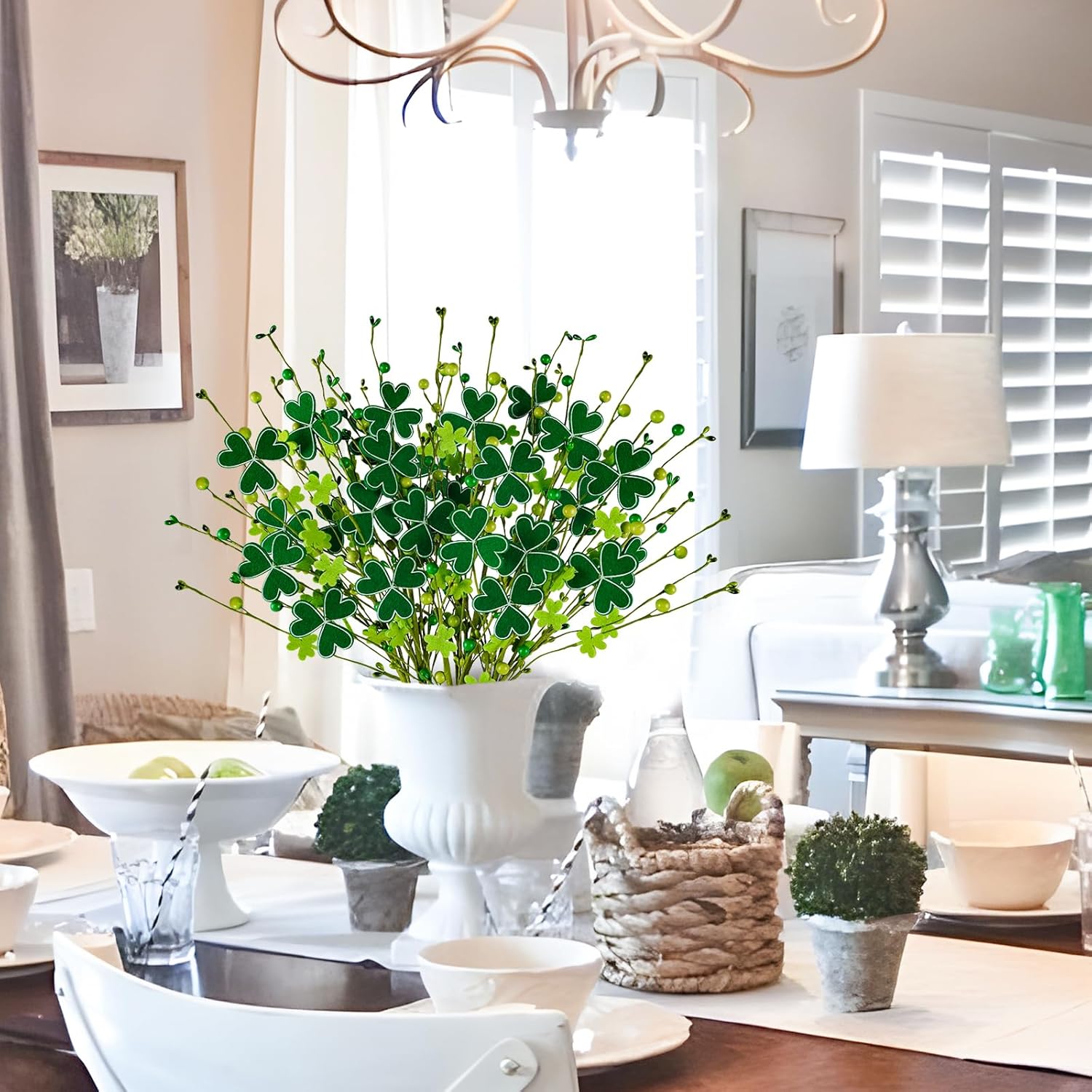 St Patrick's Day Decorations, 8PCS 24" Artificial St Patrick's Day Picks Green Clover Floral Berry Stems for St.Patrick’s Day Table Home Office Decor