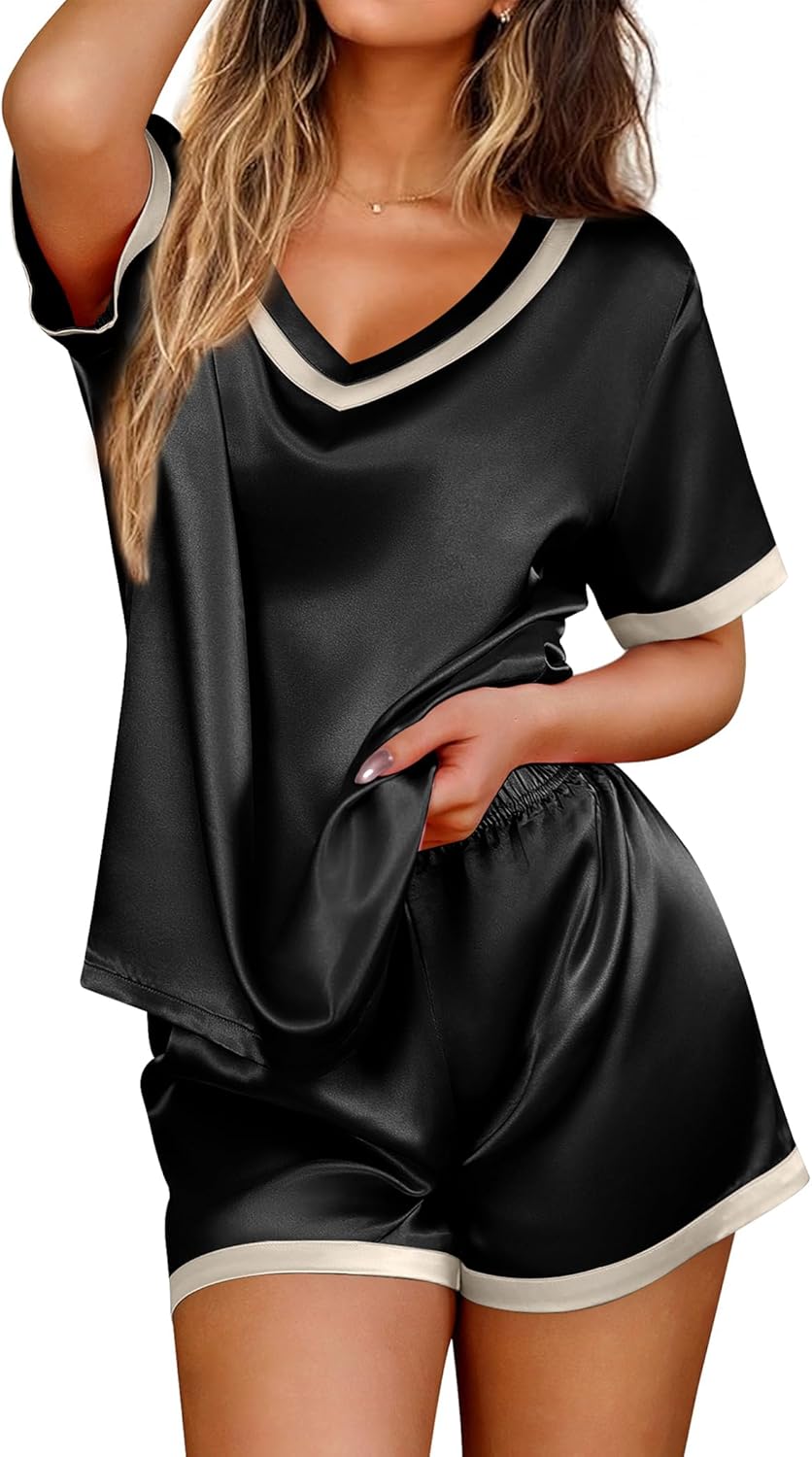 Ekouaer Silk Pajamas for Women Short Sleeve Satin Sleepwear Soft 2 Piece Pjs Shorts Set Loungewear,S-XX