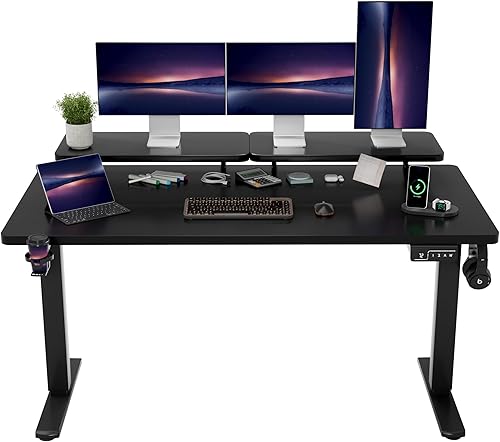 Shahoo Escritorio eléctrico de pie con estante para monitor, mesa esquinera ajustable de altura de 63 x 24 pulgadas, estación de trabajo para
