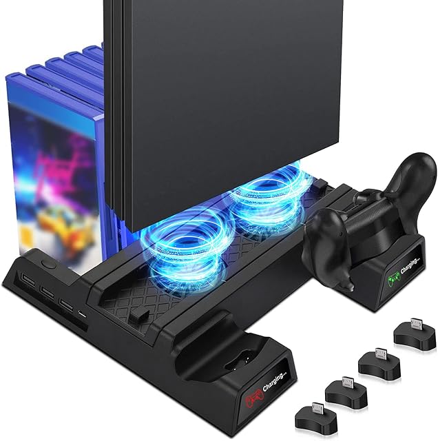 EEEKit Vertical Stand Cooling Fan Compatible With PS4/ PS4 Slim/ PS4 Pro, Multifunction PS4 Vertical Stand with PS4 Dual Controller Charging Docks with USB Hub and 4 Micro USB Adapters, 12 Game Slots
