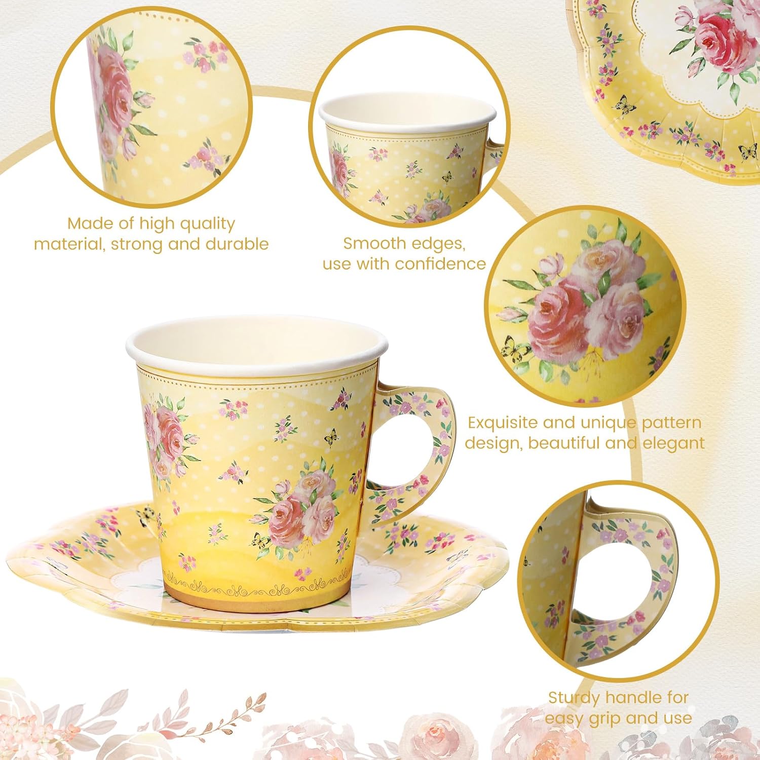 Rtteri 100 Pcs Tea Party Decorations - 50 Disposable Tea Cups & Saucers - 6.5 oz Paper Tea Cups & Plates - Floral Tea Party Decorations for Women Birthday Princess (Light Yellow) - Image 3