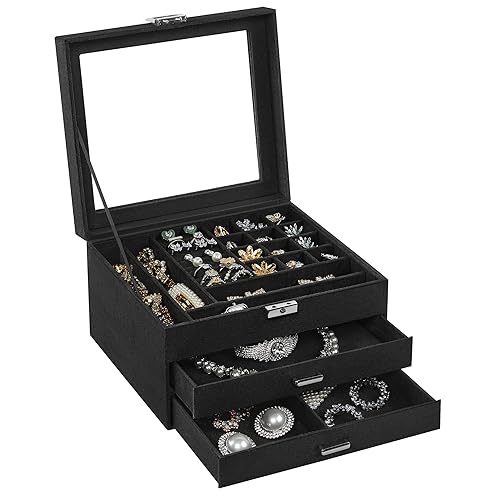 SONGMICS Jewelry Box, Lockable Jewelry Storage Organizer, Jewelry Case with Glass Window, for Rings, Earrings, Studs, Bracelets, Necklaces, Black UJBC158B01 - 3 Tiers with Velvet Finish - Black