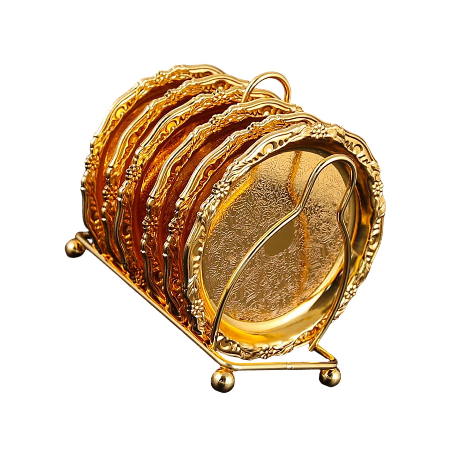 jiingekk 6Pcs Stylish Alloy Dessert Plates with Holder for Fruits Snacks and Coffee Coasters for Home Decor Dessert Serving Tray