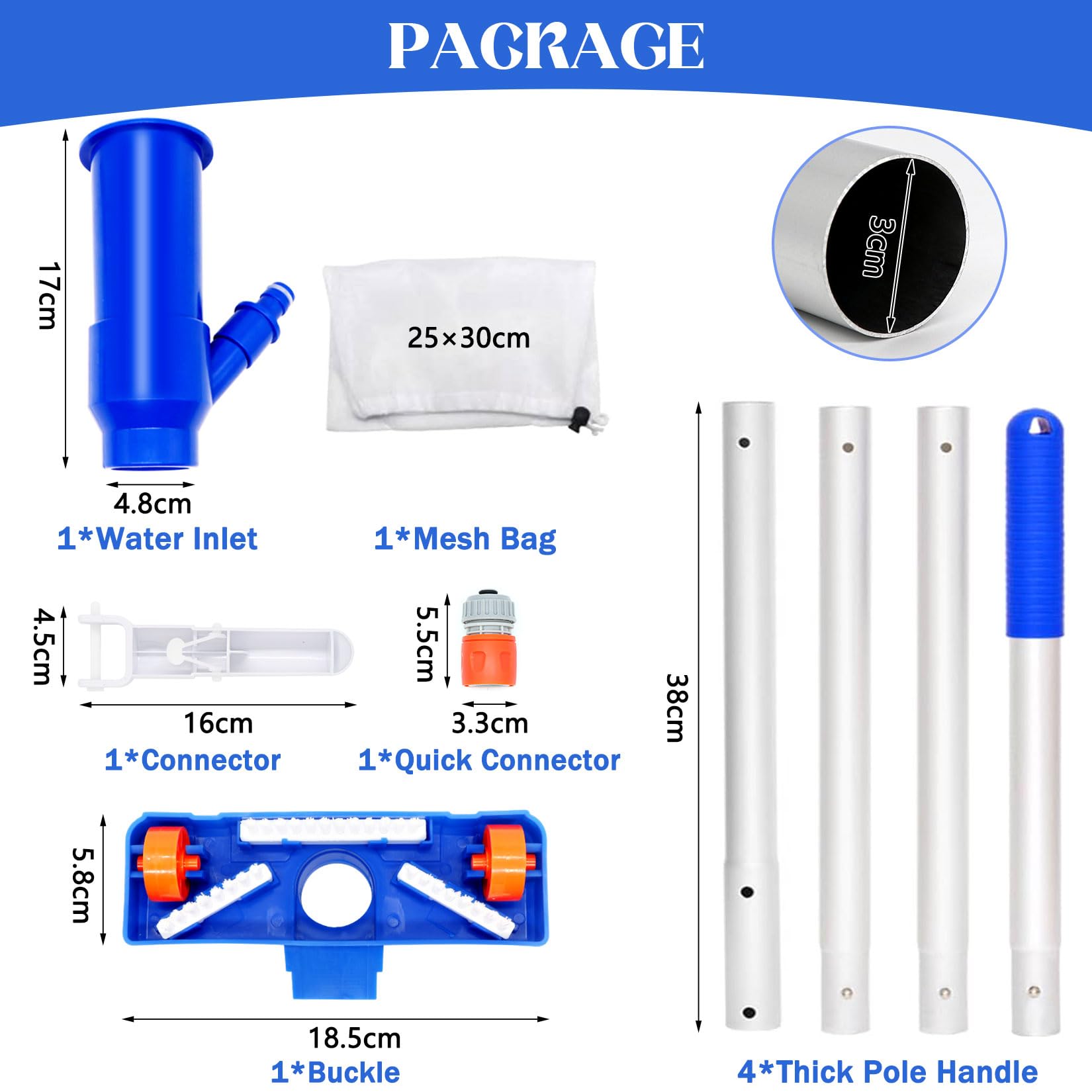 Poolsauger Bodensauger 147cm, Poolreiniger Bodensauger Set mit 4 Abnehmbare Verstärkung Aluminiumstange, Bürste, Pool Staubsauger Boden, Pool Reinigungsset