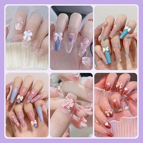 Miniatura 7 de Juego de 120 dijes de lazo de uñas 3D + perlas de uñas de 0.079 a 0.178 pulgadas, 1, 6 colores lindos dijes de lazo y perlas blancas con cola de gel