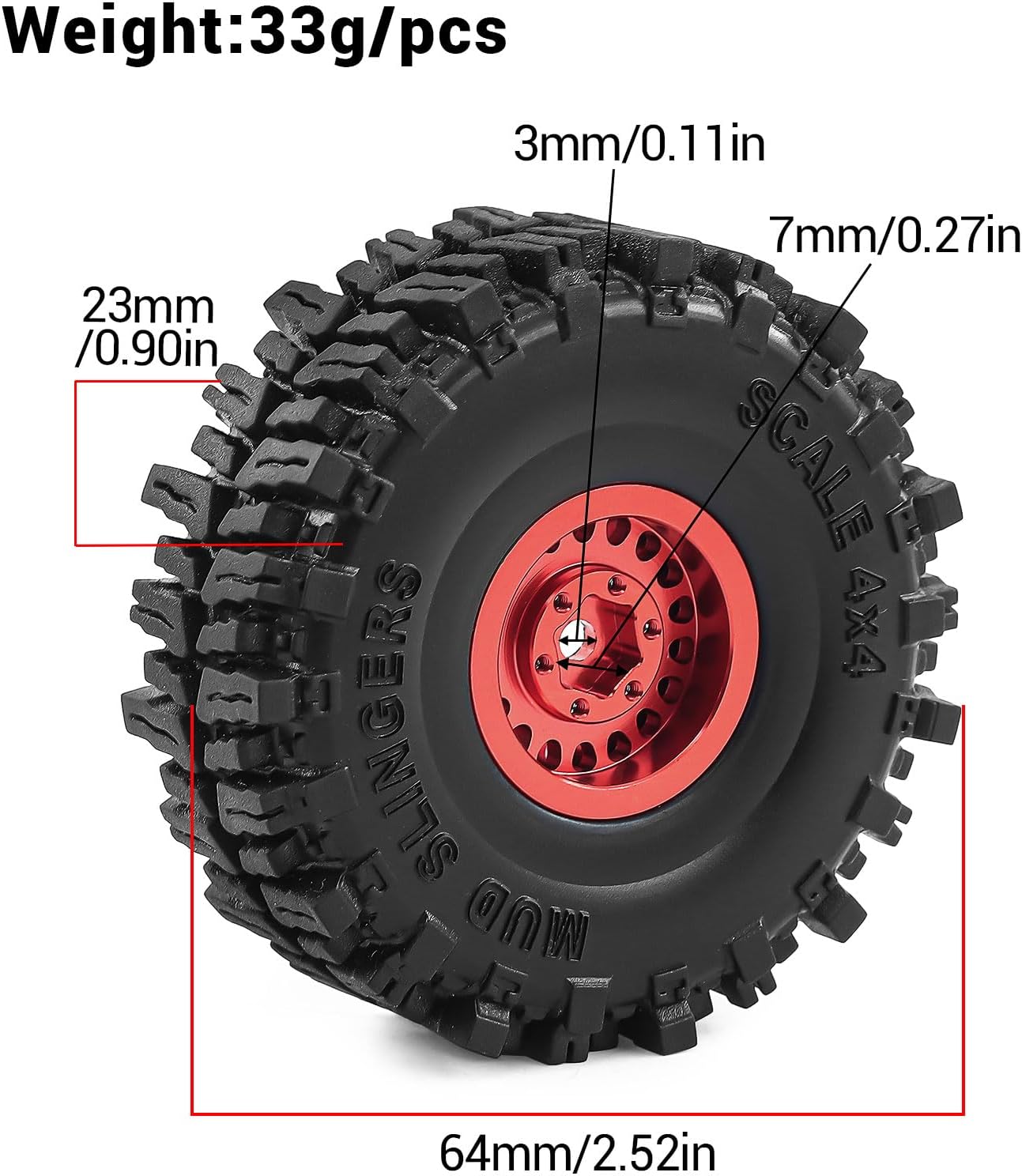 1.0" Aluminium Beadlock Wheels and Tires 64x23mm for 1/24 Axial SCX24, 1/18 TRX4M RC Crawler – Upgrade Parts (Red, 4pcs)