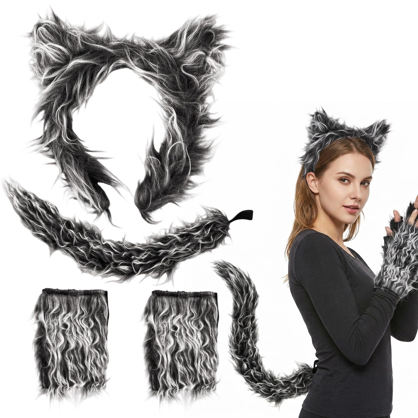 Kuwuarg 4-Piece Wolf Costume Set, Big Bad Wolf Ears and Tail