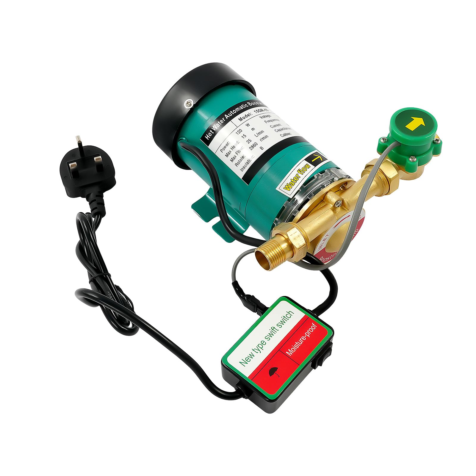 Heinatond Green Water Pressure Booster Pump 120W Automatic Electric Hot Cold Shower Pump For Home Garden Irrigation Spraying Circulation Pump 25L/Min 230V Brass Water Flow Switch