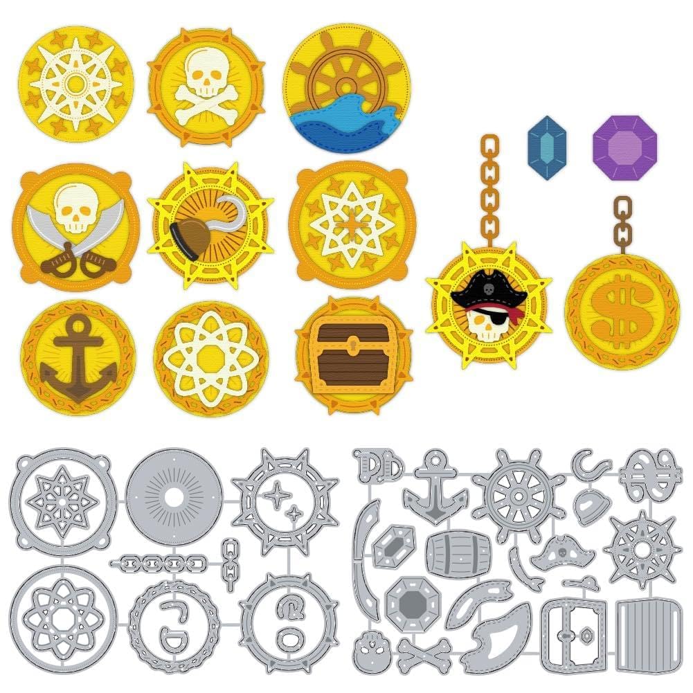 DELORIGIN Pirates Cutting Dies Gold Piece Card Making Die Magic Stacking Stencil Carbon Steel Die Cuts Card Scrapbooking Embossing Template Dies for Birthday Wedding Paper Craft Album Invitation Decor
