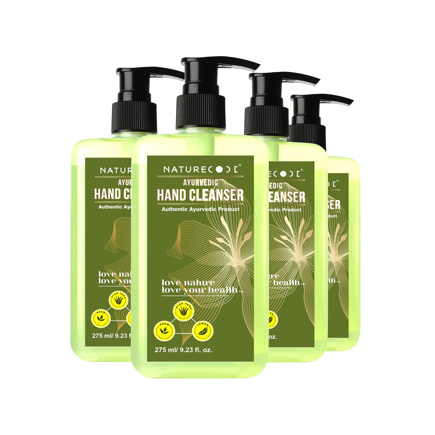Nature Code Ayurvedic Hand Cleanser With Aloe Vera, Tulsi, Lemon, & Neem - Detoxifies and Fights Against the Germs, Cleanses Bacteria and Maintain PH Level-(Pack of 4 X 275ml)