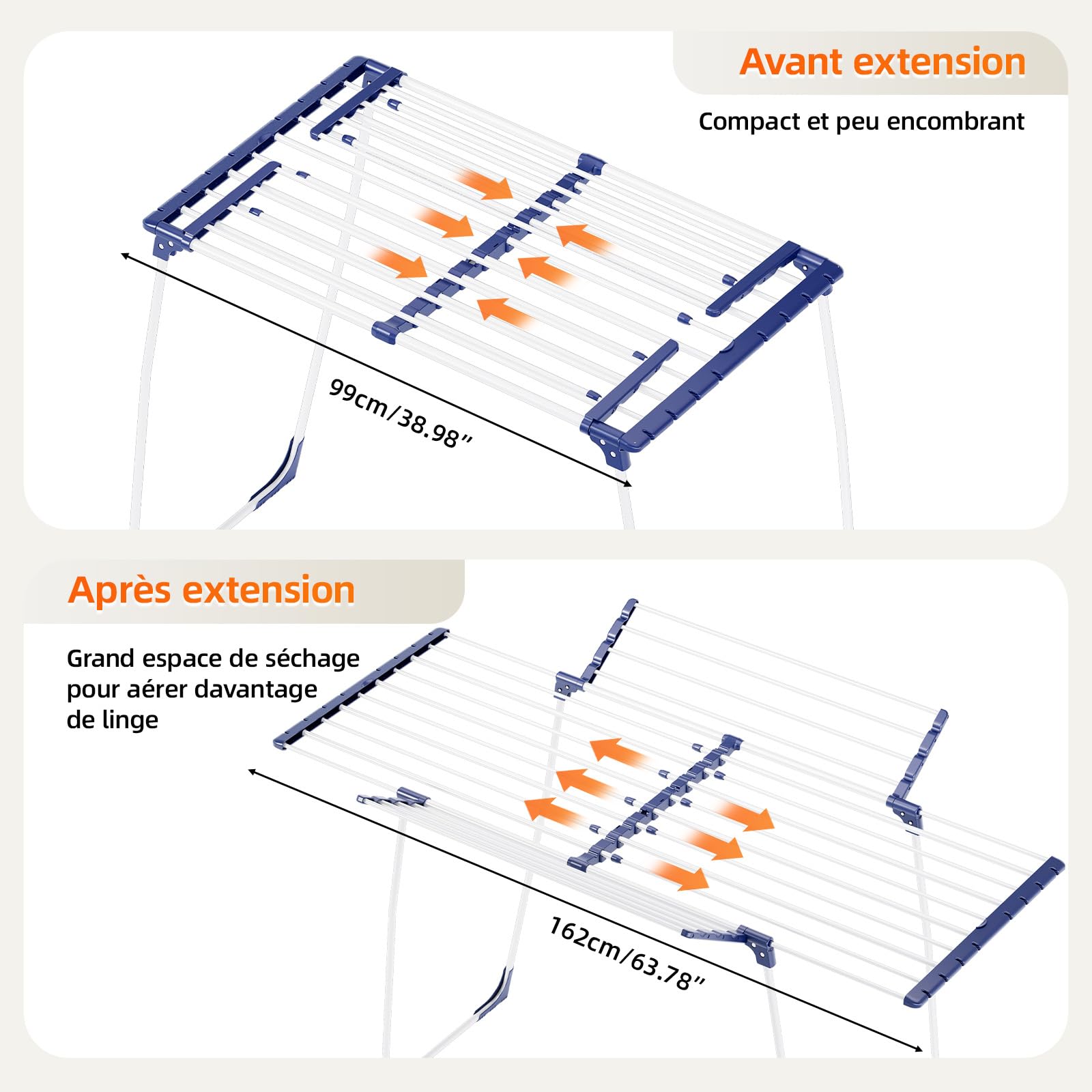KINGBOARD Étendoir à linge pliable et extensible, étendoir à ailes 57 x 162 x 86 cm, séchoir à linge stable avec pieds antidérapants pour l'intérieur et l'extérieur, blanc