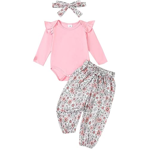 Kaipiclos Newborn Infant Girl Clothes Rib Knit Romper Daisy Print Pants Headband Baby Clothes for Girls 0 3 6 12 18 24 Months