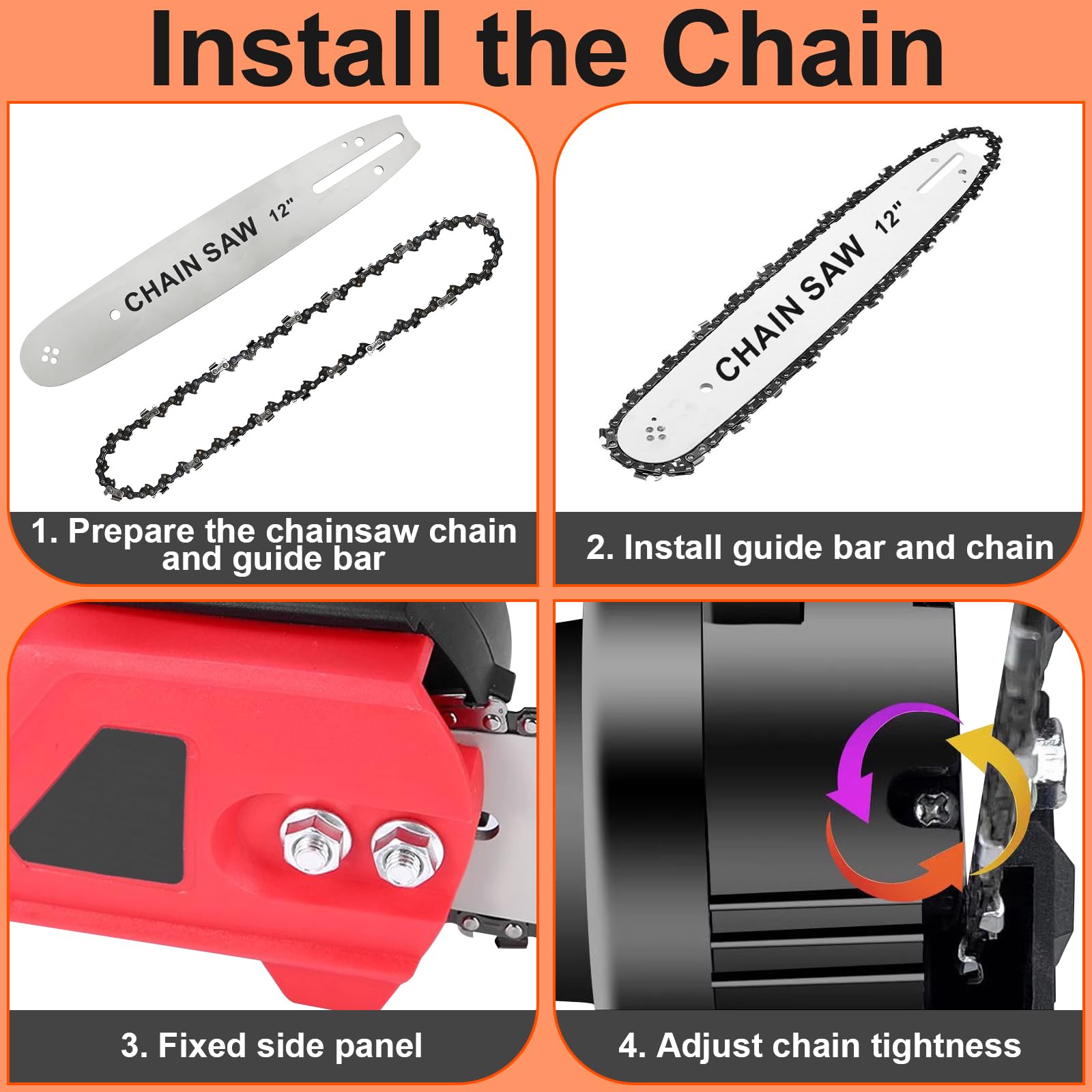 4 Pièces Chaîne de Tronçonneuse, 12" Chaînes Tronçonneuses avec Guide-Chaîne de 34,5cm, Pas de 3/8" Low-Profile, Epaisseur de Maillon 0,05" (1,3mm), 45 Maillons, pour Coupe du Bois, Elagage